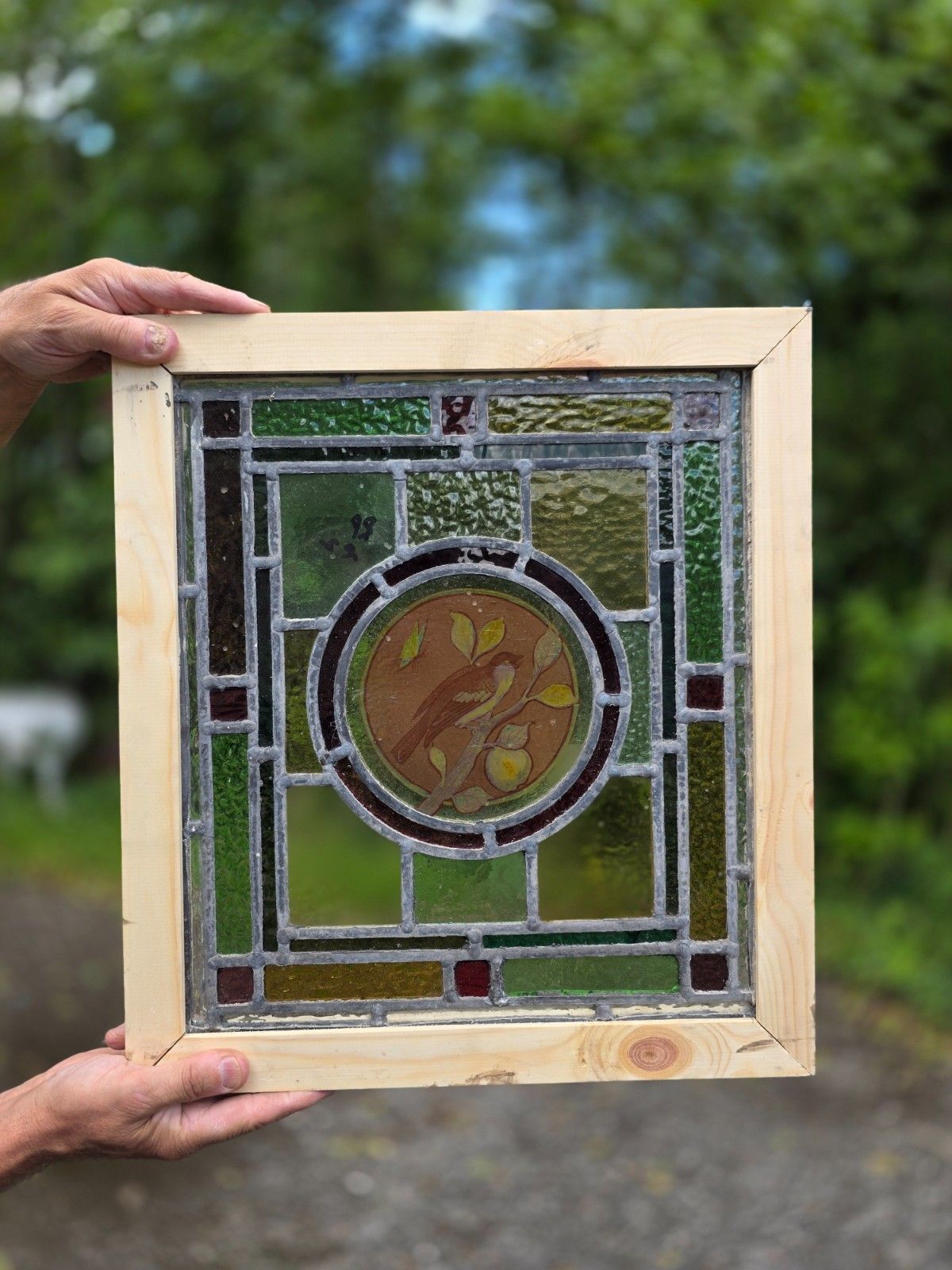 1910 Antique Leaded Glass Window With Bird On A Branch Design photo for sale