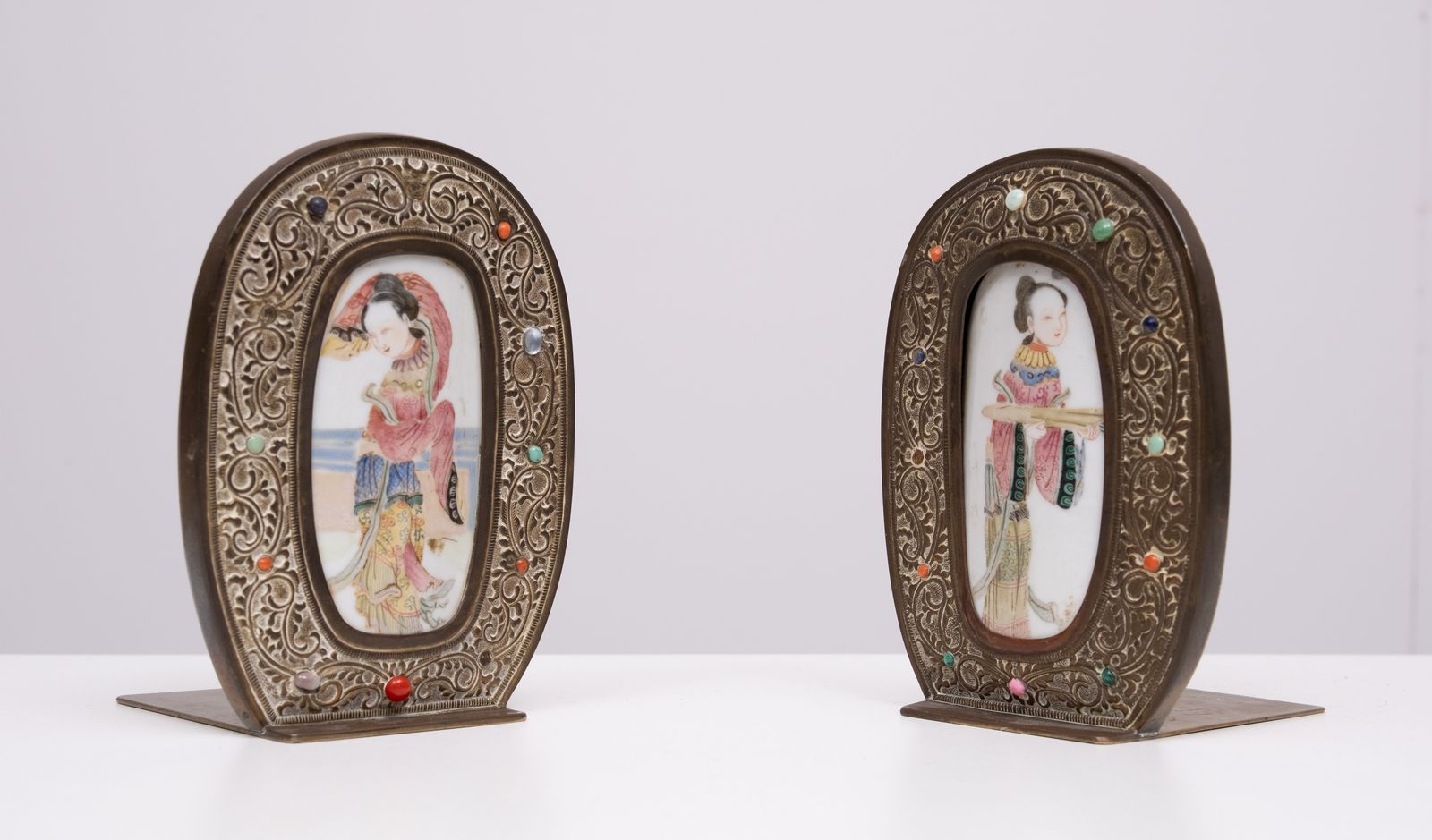 photo for sale Antique Chinese Family Rose Porcelain Brass Book Ends