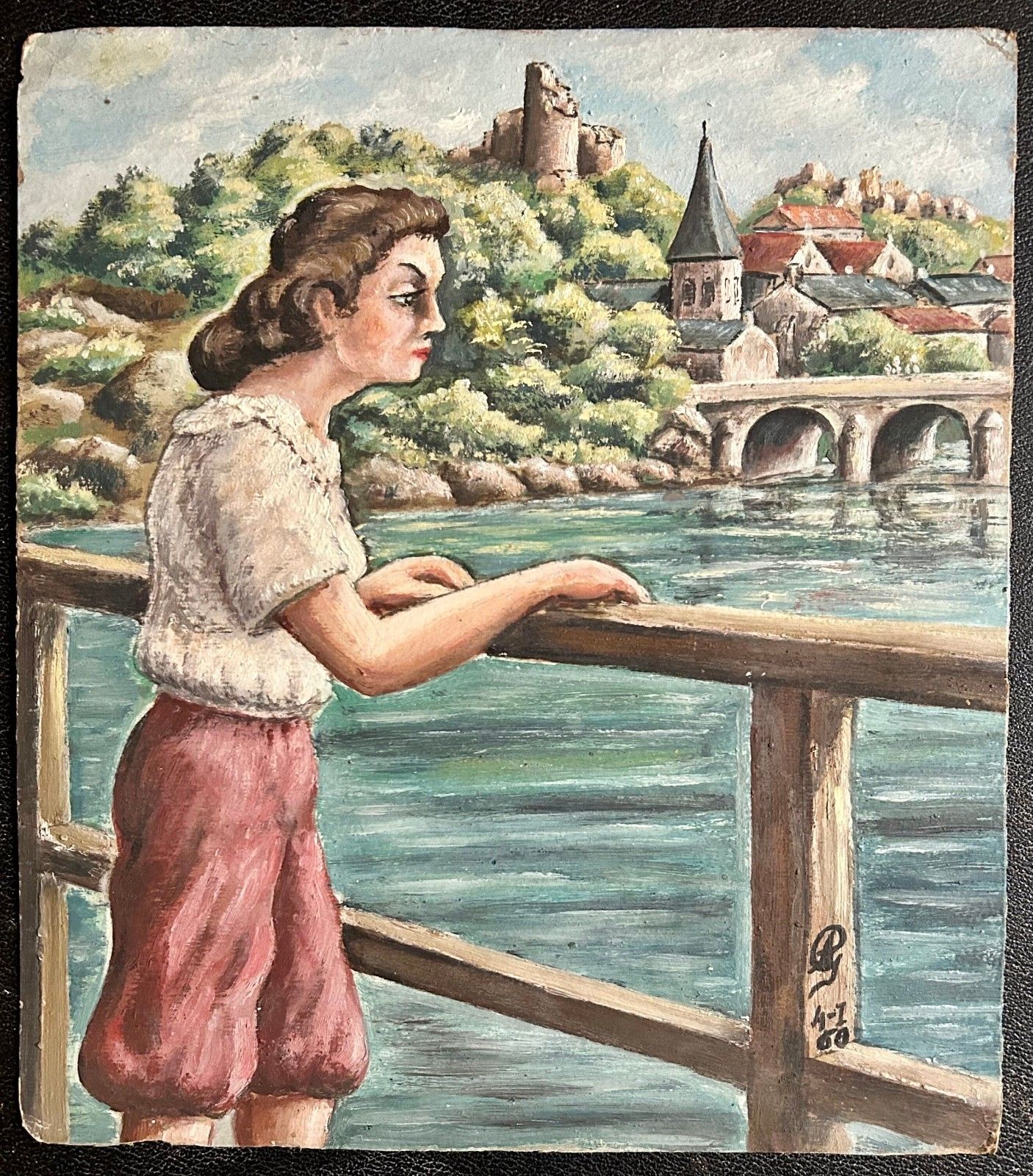 Oil Painting On Cardboard Landscape, River, Half Timbered House photo furniture