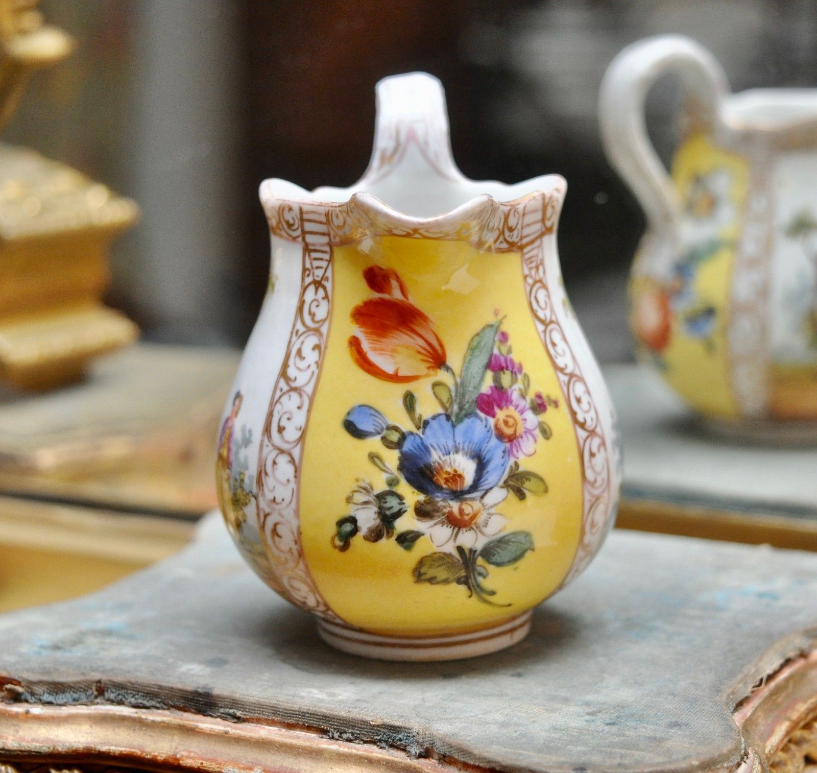 A Superb Little C19th Meissen Cream Jug In Yellow, Hand Painted, Meissen Mark photo for sale