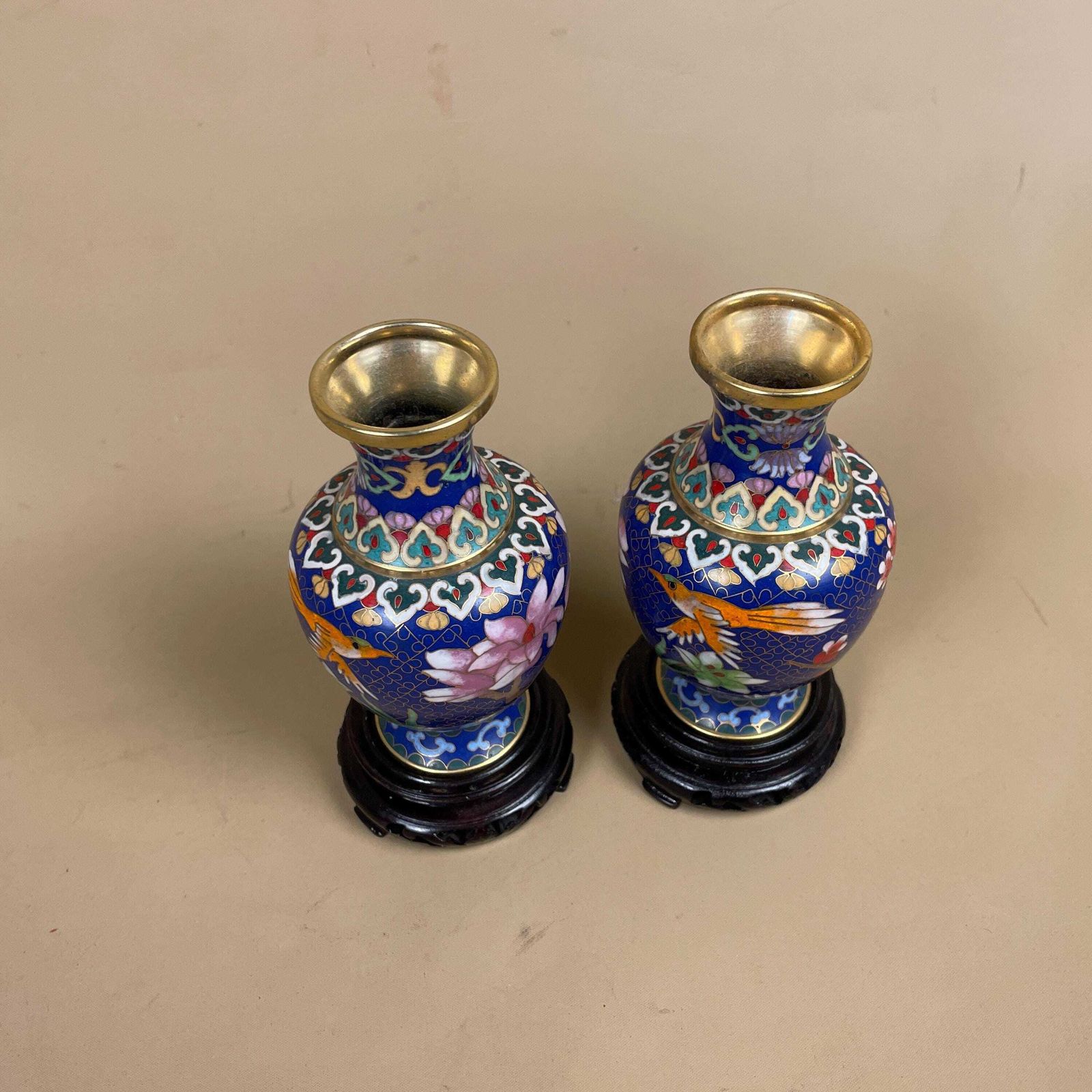 Pair Of 2 Oriental Chinese Cloisonne Handmade Vase Floral Decorative Pot Antique Metal Gold Enamel Painted Flower Blue Pink Wooden Base photo for sale