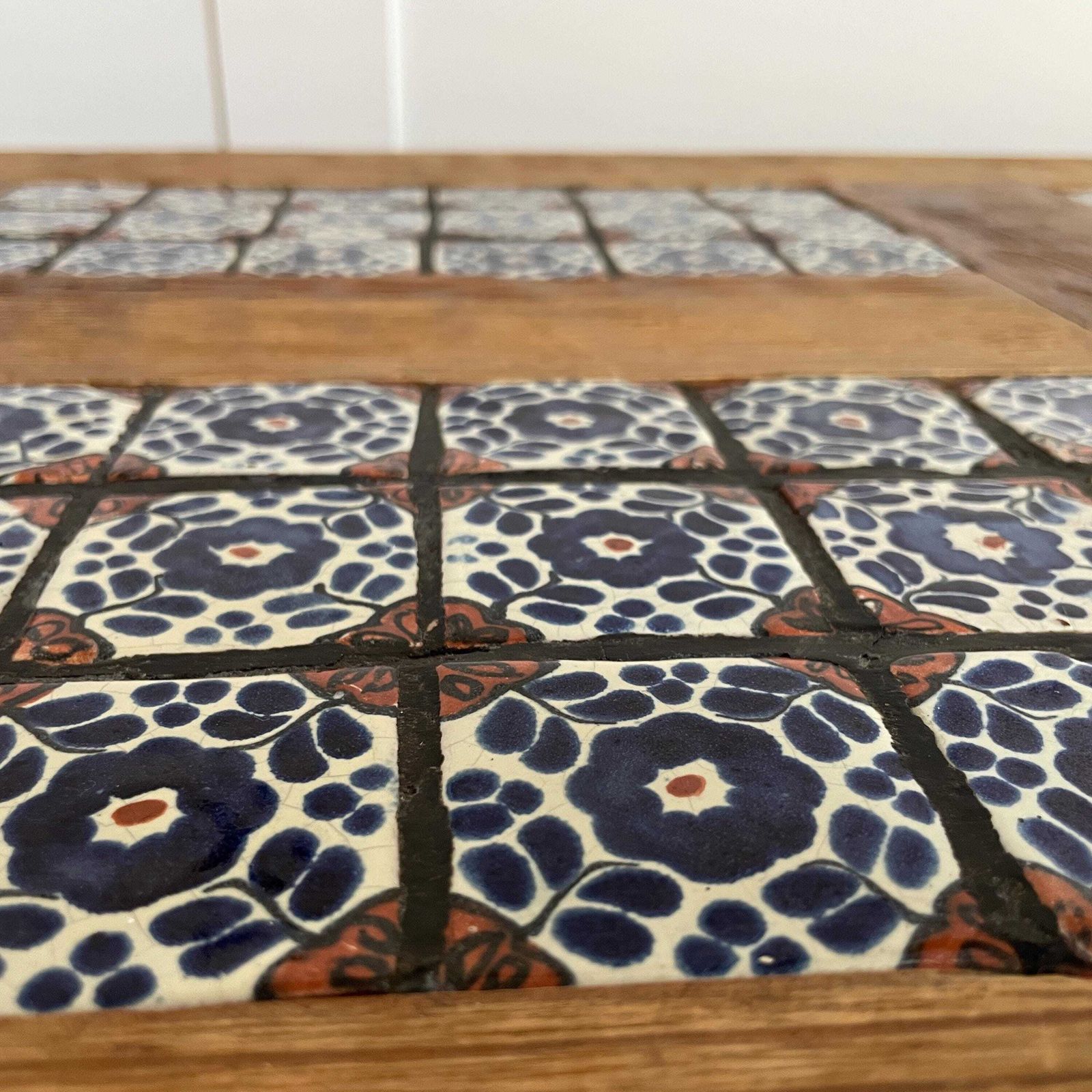 Vintage Mexican Wooden Coffee Table Decorative Tiled Top Rectangle Ceramic Blue Tiles Brown Wooden Wood Base Four Chunky Legs Side Tile photo 395.0