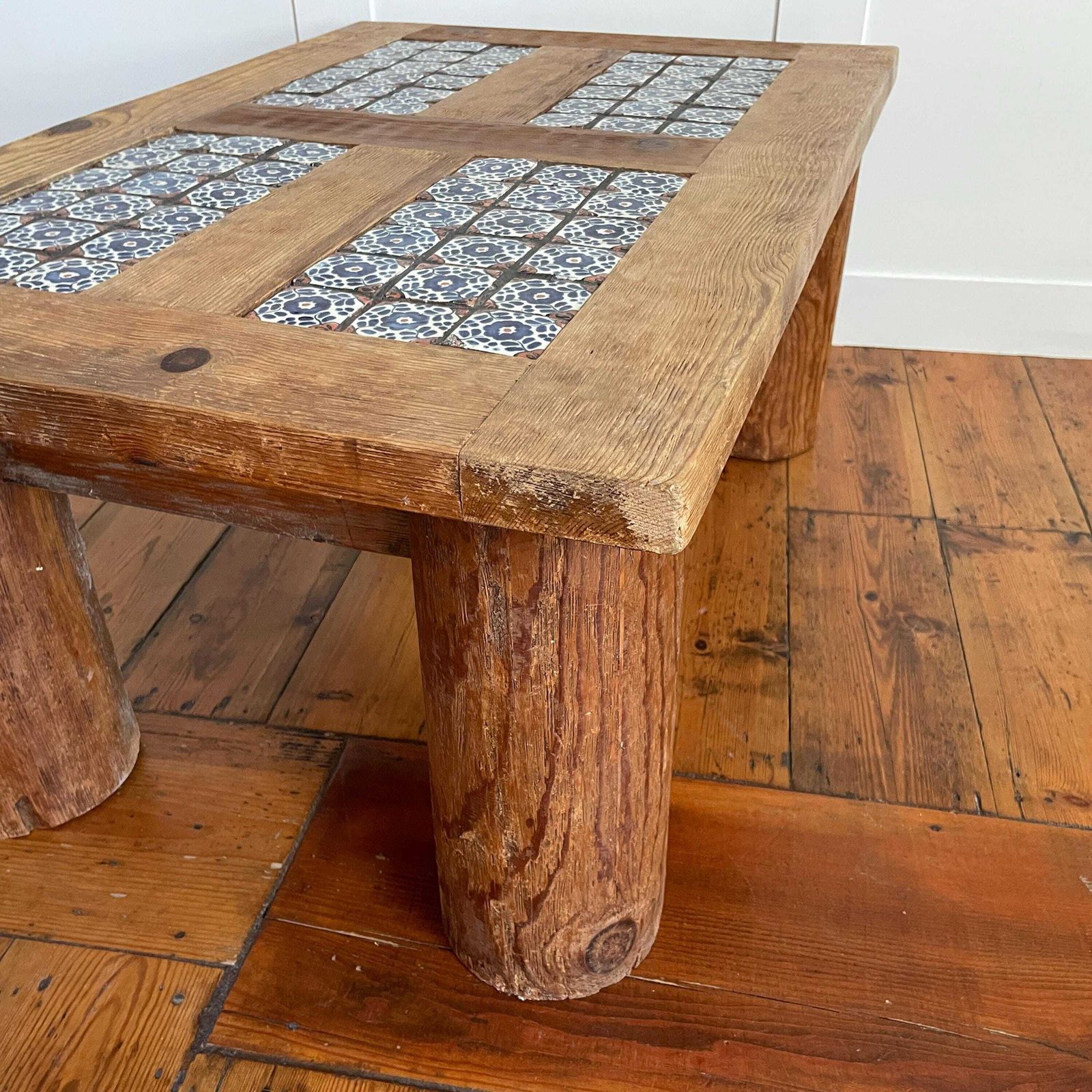 photo furniture Vintage Mexican Wooden Coffee Table Decorative Tiled Top Rectangle Ceramic Blue Tiles Brown Wooden Wood Base Four Chunky Legs Side Tile