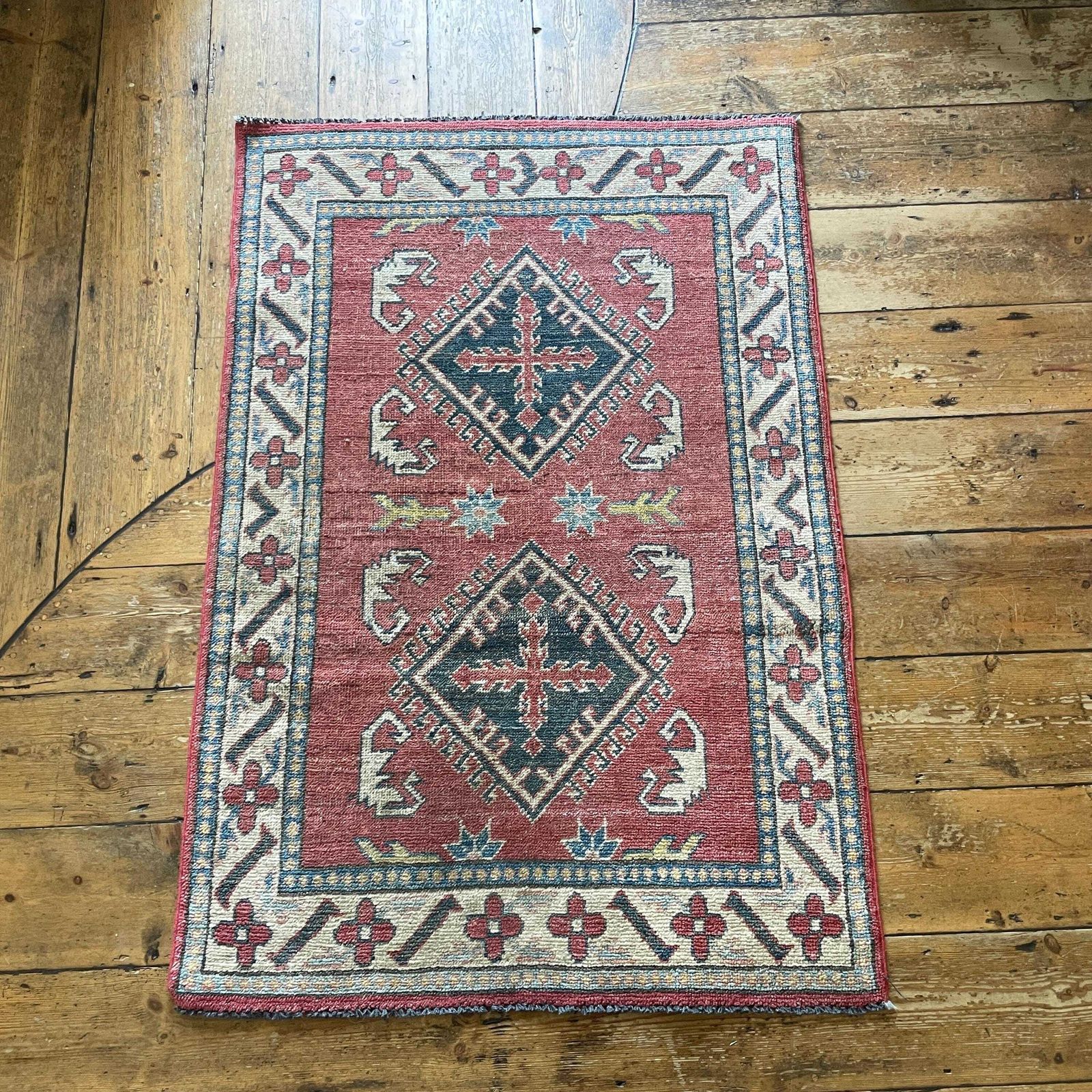 Antique Hand Woven Rug Carpet Mat Rectangle Wool Vintage Pattern Floor Mat Handmade Textile Patterned 130x87.5cm Red Blue Cream Kilim photo Textiles