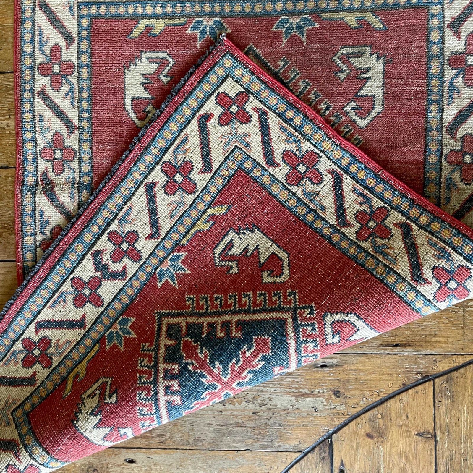 Antique Hand Woven Rug Carpet Mat Rectangle Wool Vintage Pattern Floor Mat Handmade Textile Patterned 130x87.5cm Red Blue Cream Kilim photo vintage
