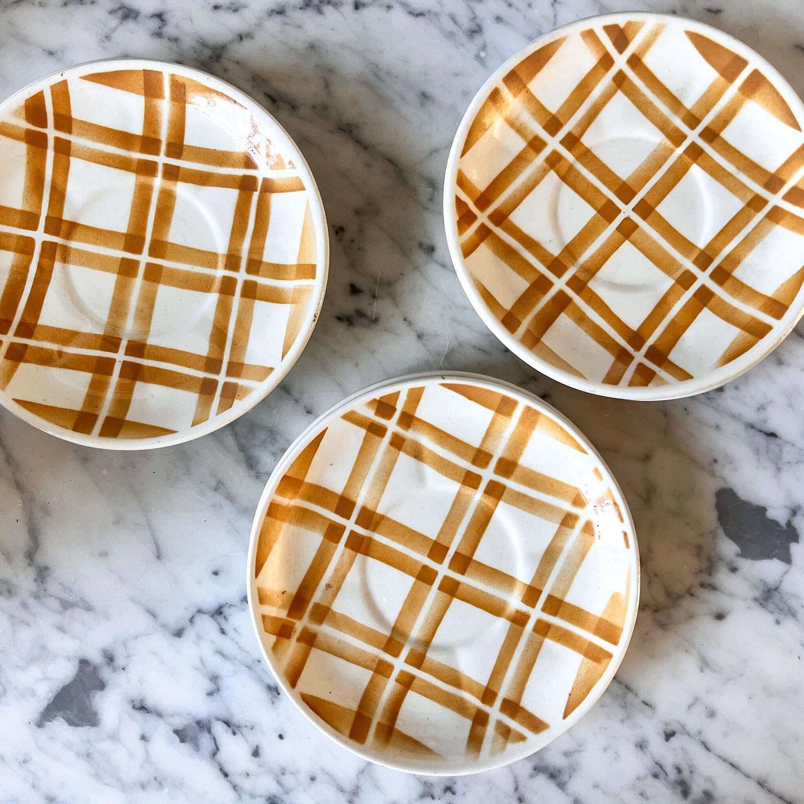 Set Of Six Vintage French Coffee Cups With Saucers In Yellow Gingham Pattern photo Home Decor