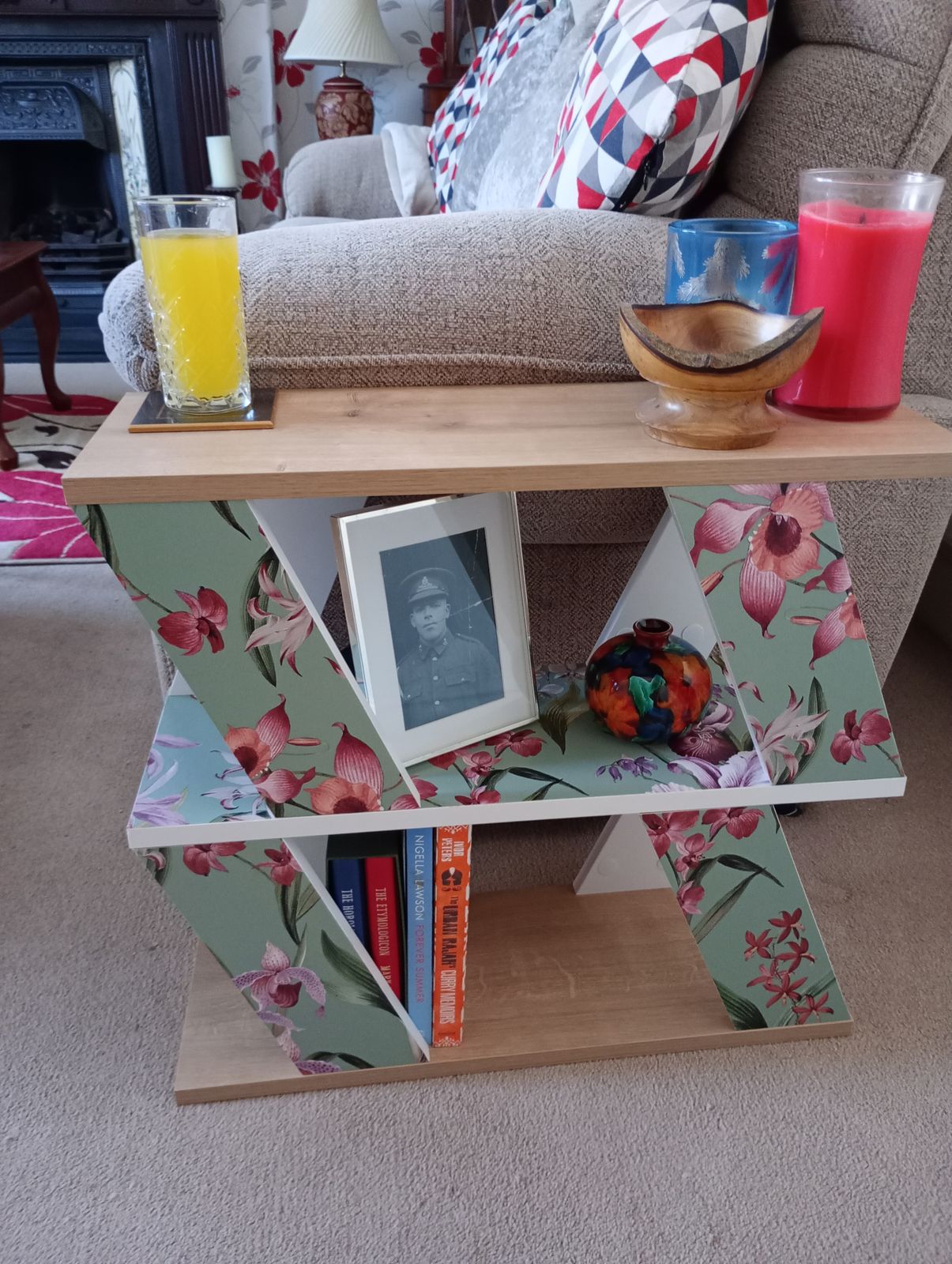 Three Shelved White And Wood Effect Bookcase/Table With Water Colour And Jade Green Applied Paper. photo for sale