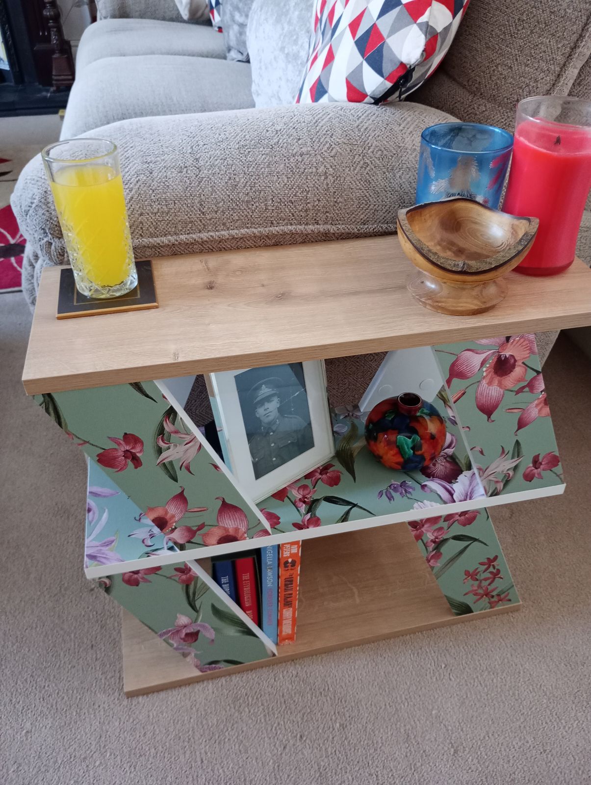 Three Shelved White And Wood Effect Bookcase/Table With Water Colour And Jade Green Applied Paper. photo Furniture