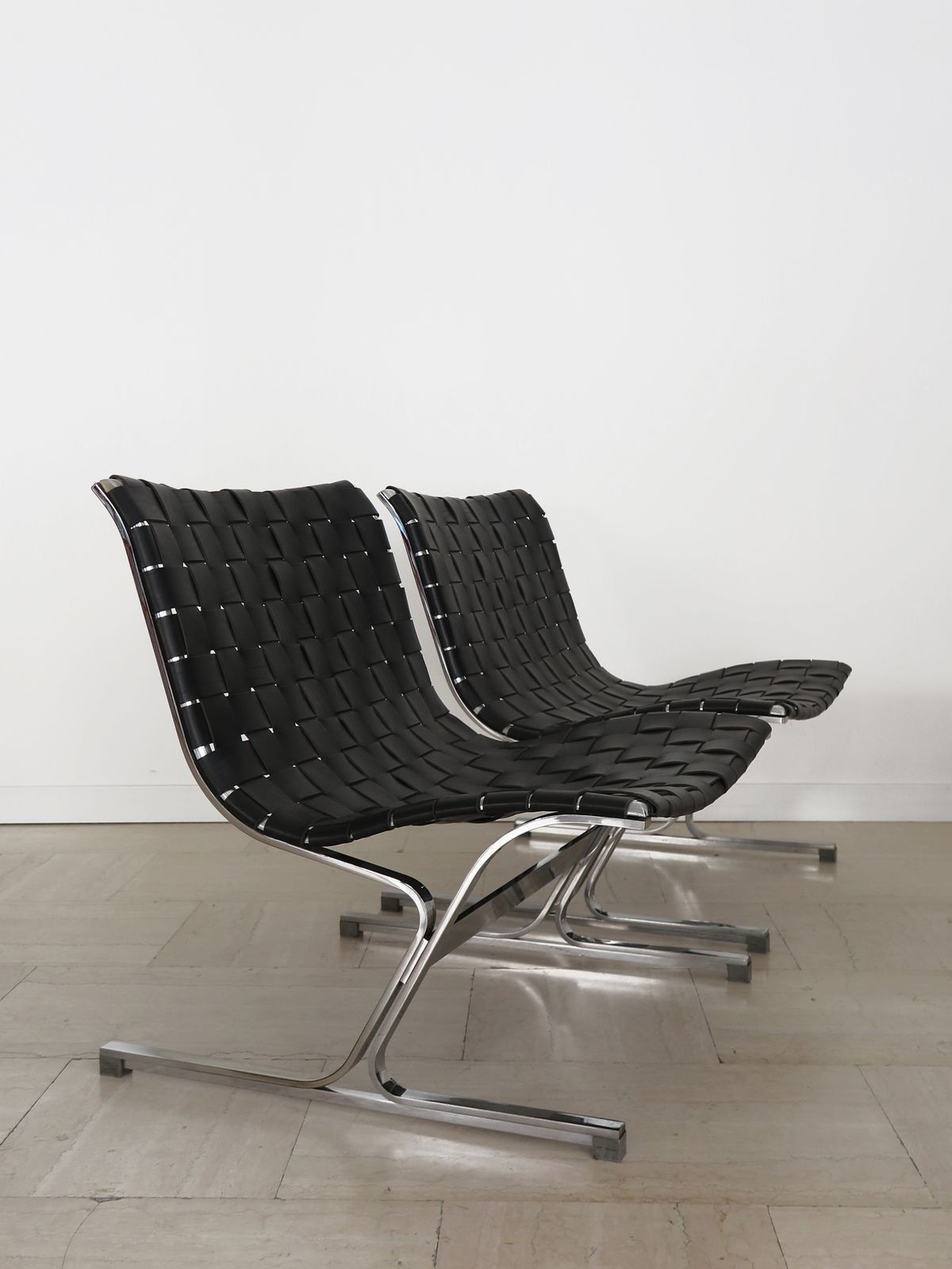 Luar Ross Littel For Icf Midcentury Black Leather Metal Armchairs, Iatly 1965