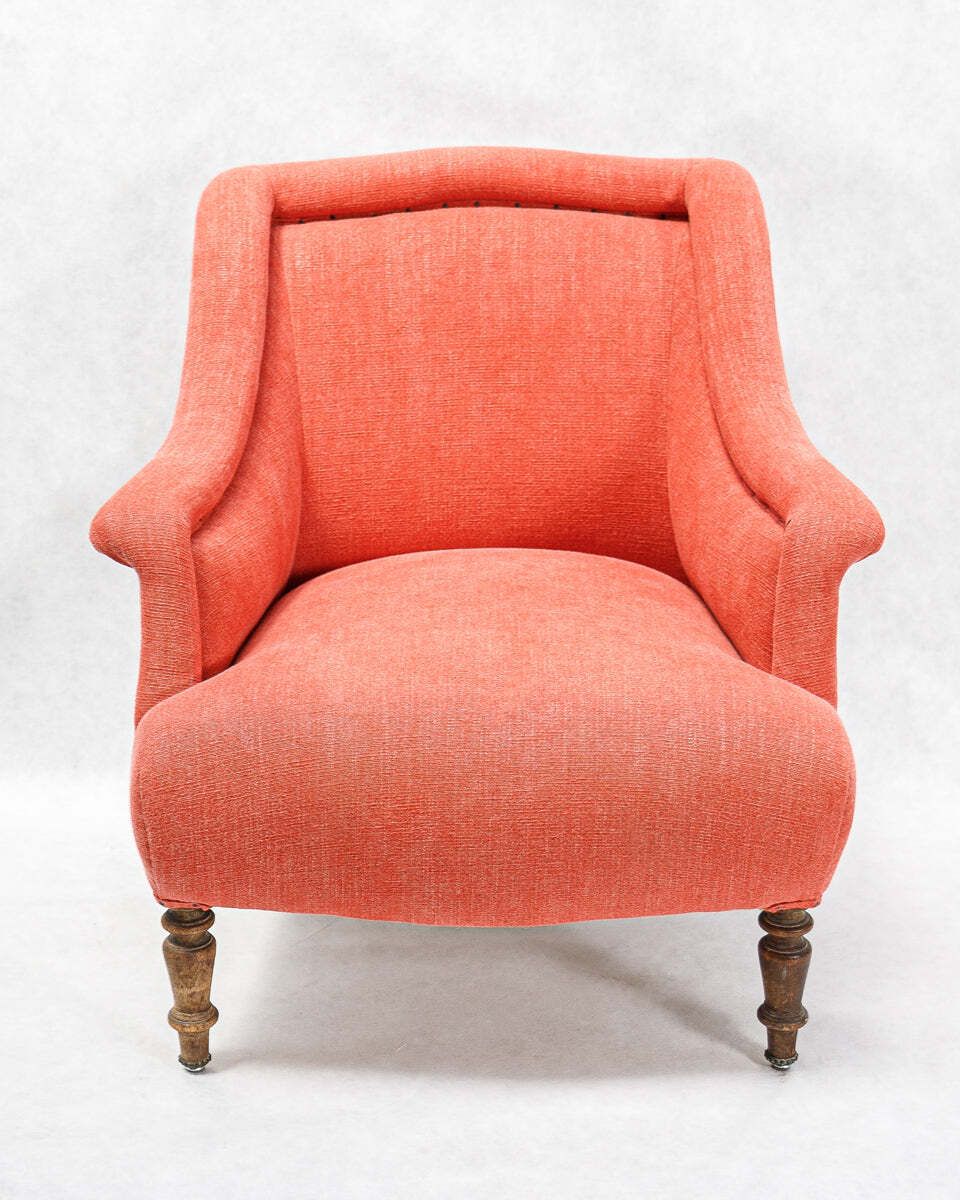 Napoleon III Coral Linen Salon Chair & Tufted Footstool photo Furniture
