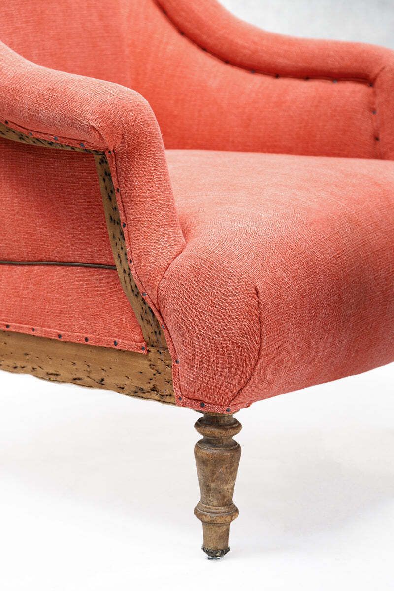 Napoleon III Coral Linen Salon Chair & Tufted Footstool photo buy