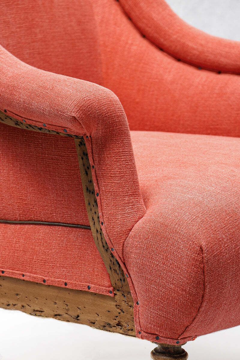 Napoleon III Coral Linen Salon Chair & Tufted Footstool photo vintage