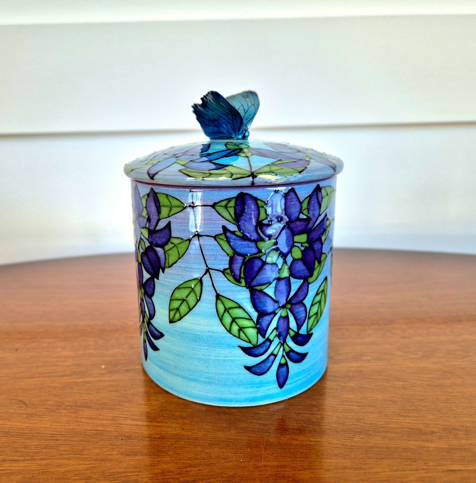 Dennis Chinaworks Trial 3 Blue Lidded Pot With Butterfly Finial photo for sale