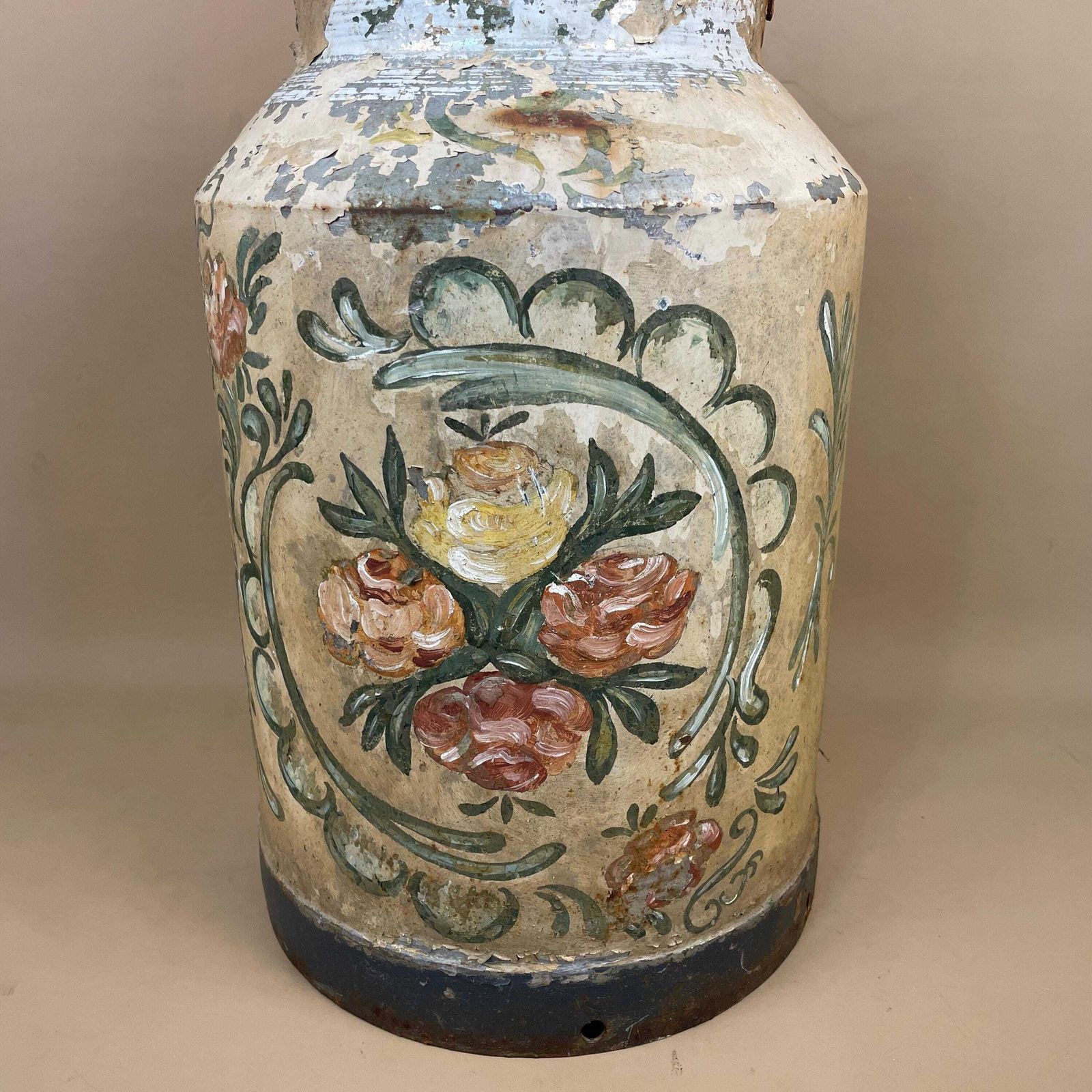 Antique Metal Milk Churn Hand Painted Floral Pattern Vintage Planter Pot Weathered Garden Outdoor Plant Holder Patterned Original Heavy Old photo for sale