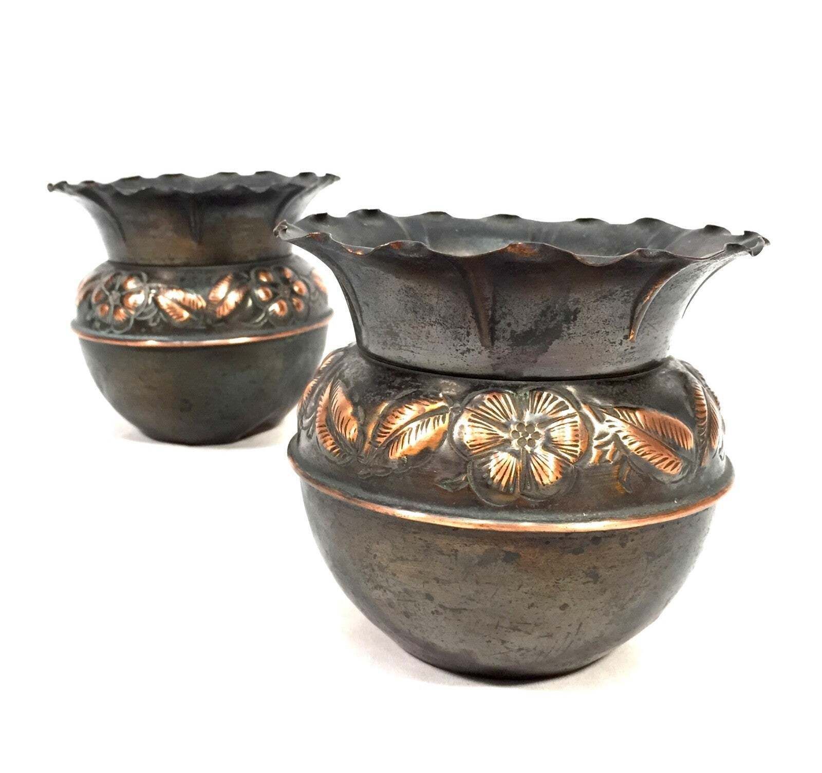 Antique Pair Of Arts & Crafts Copper Planters / Plant Pots / Art Nouveau C1900 photo Home Decor