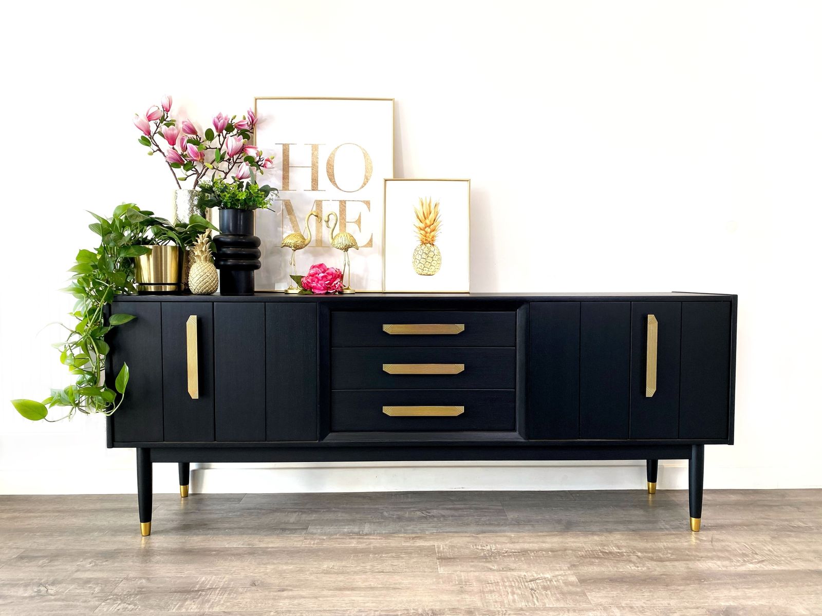 Mid Century Modern G Plan Sideboard Painted Black With Gold Handles