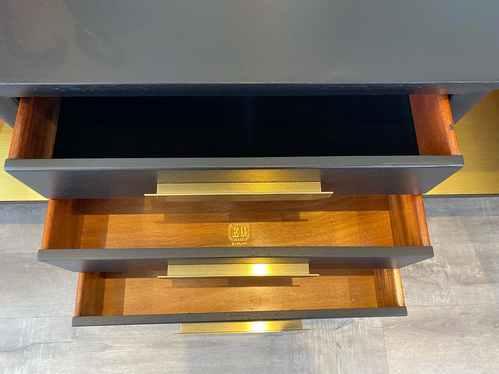Mid Century Modern G Plan Sideboard Painted Black With Gold Handles photo vinterior