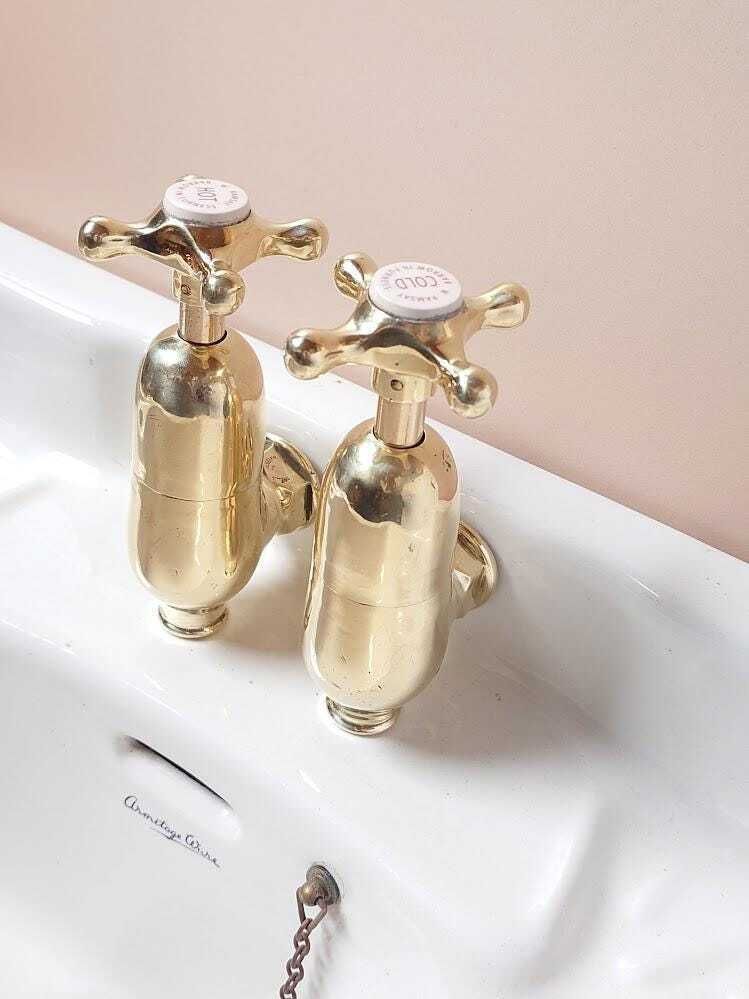 Antique Brass Bottle Bath Faucet Taps Pair, Overhauled Ready To Fit, Vintage Polished Brass Globe Taps photo furniture