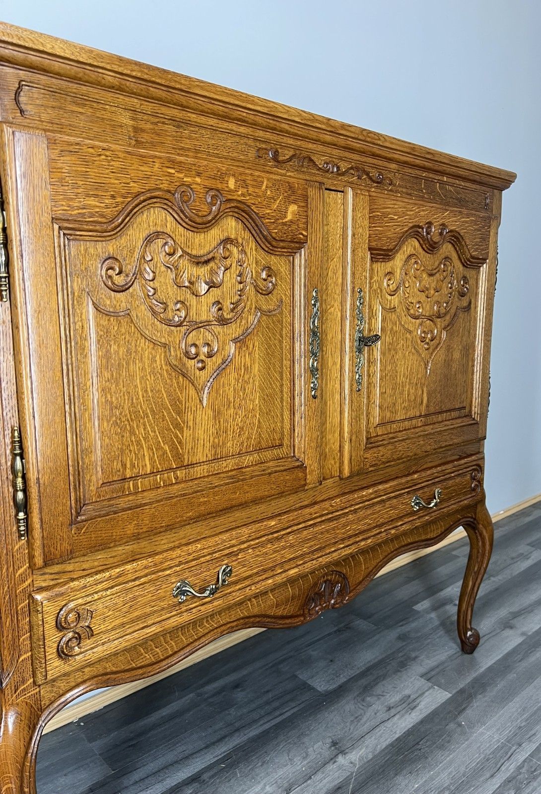 Furniture Cabinet Vintage French Louis Style Oak Carved Sideboard With Drawer Lot 4017 photo