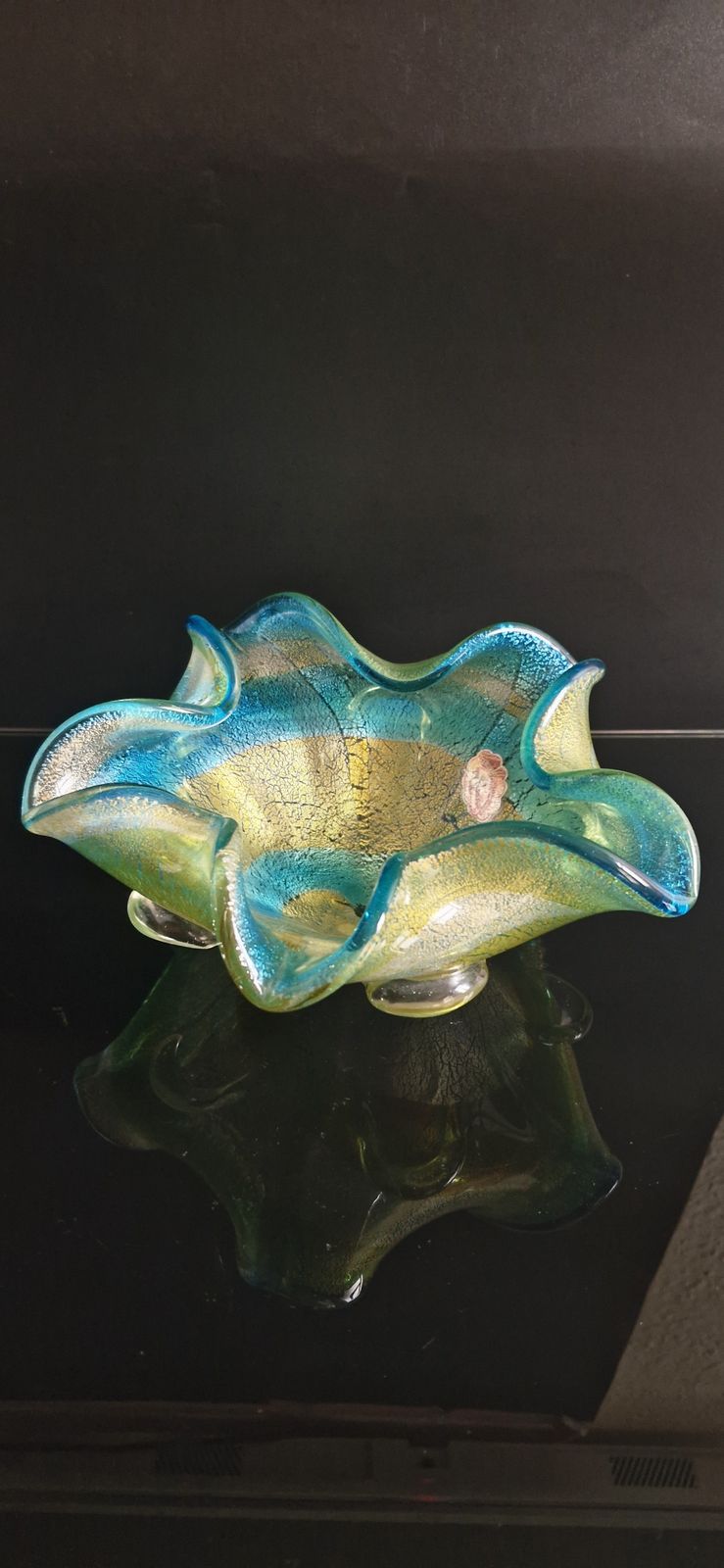 Mid Century Large Murano Glass Centerpiece With Gold And Silver Leaves photo furniture