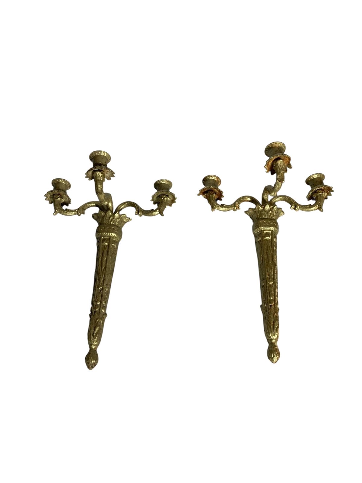 Pair Of Ornate Reclaimed Cast Iron Wall Sconces Candelabra Gilt Style Finish photo vinterior