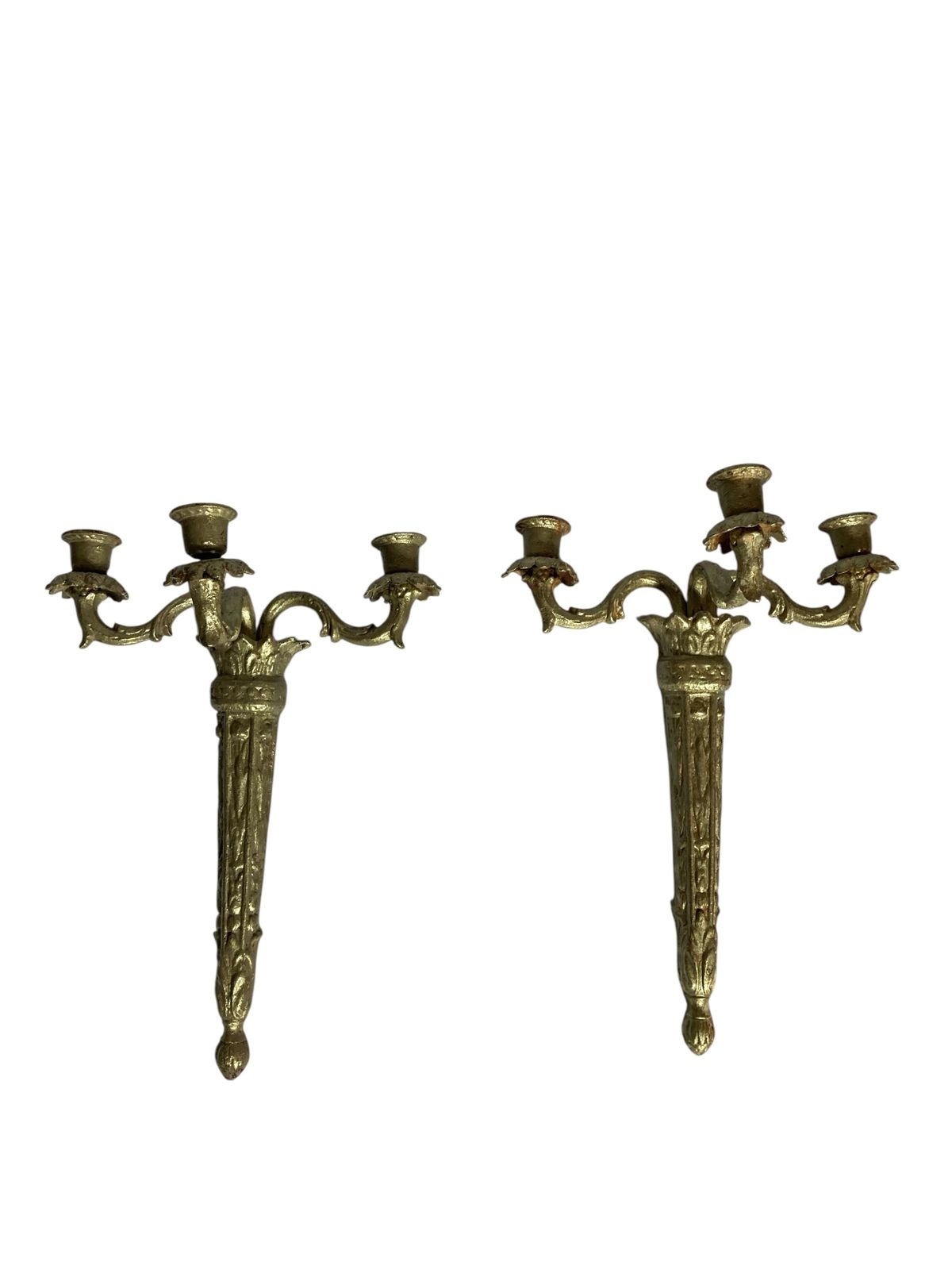 Pair Of Ornate Reclaimed Cast Iron Wall Sconces Candelabra Gilt Style Finish
