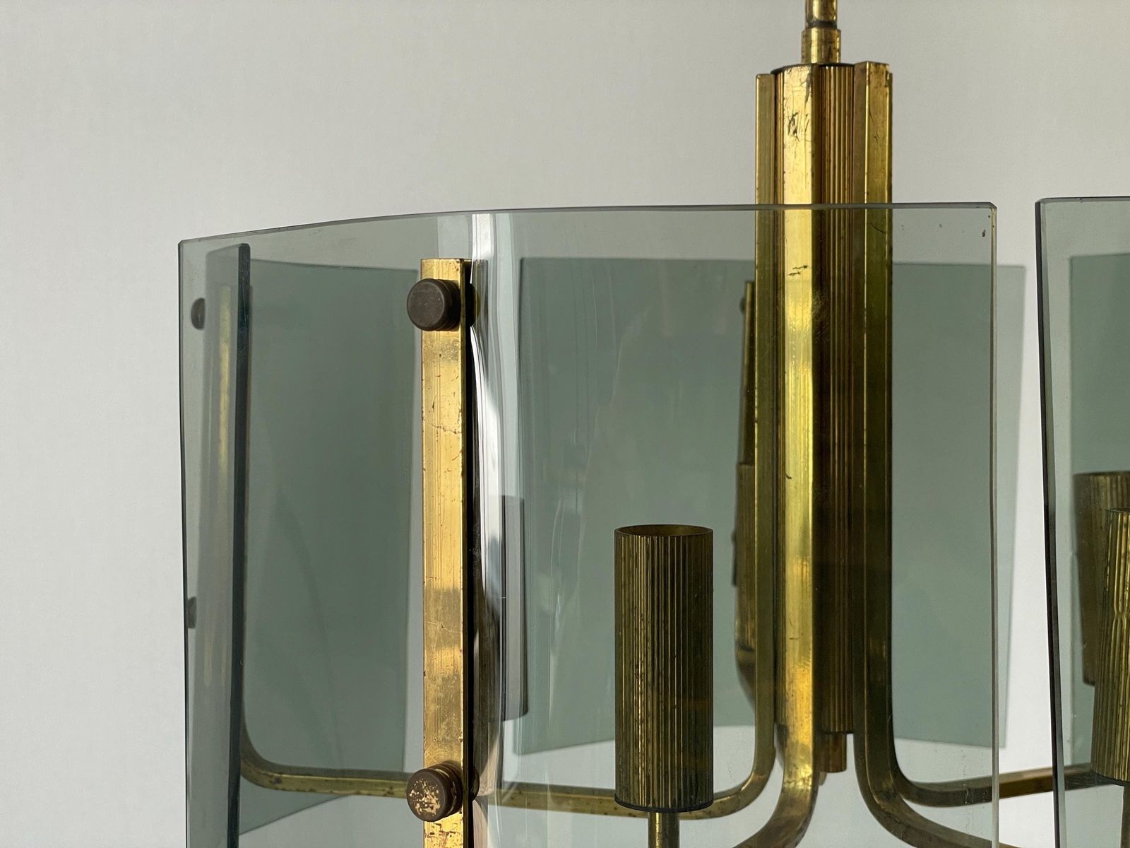 5 Socket Gray Glass & Brass Body Chandelier, 1960s, Italy photo furniture