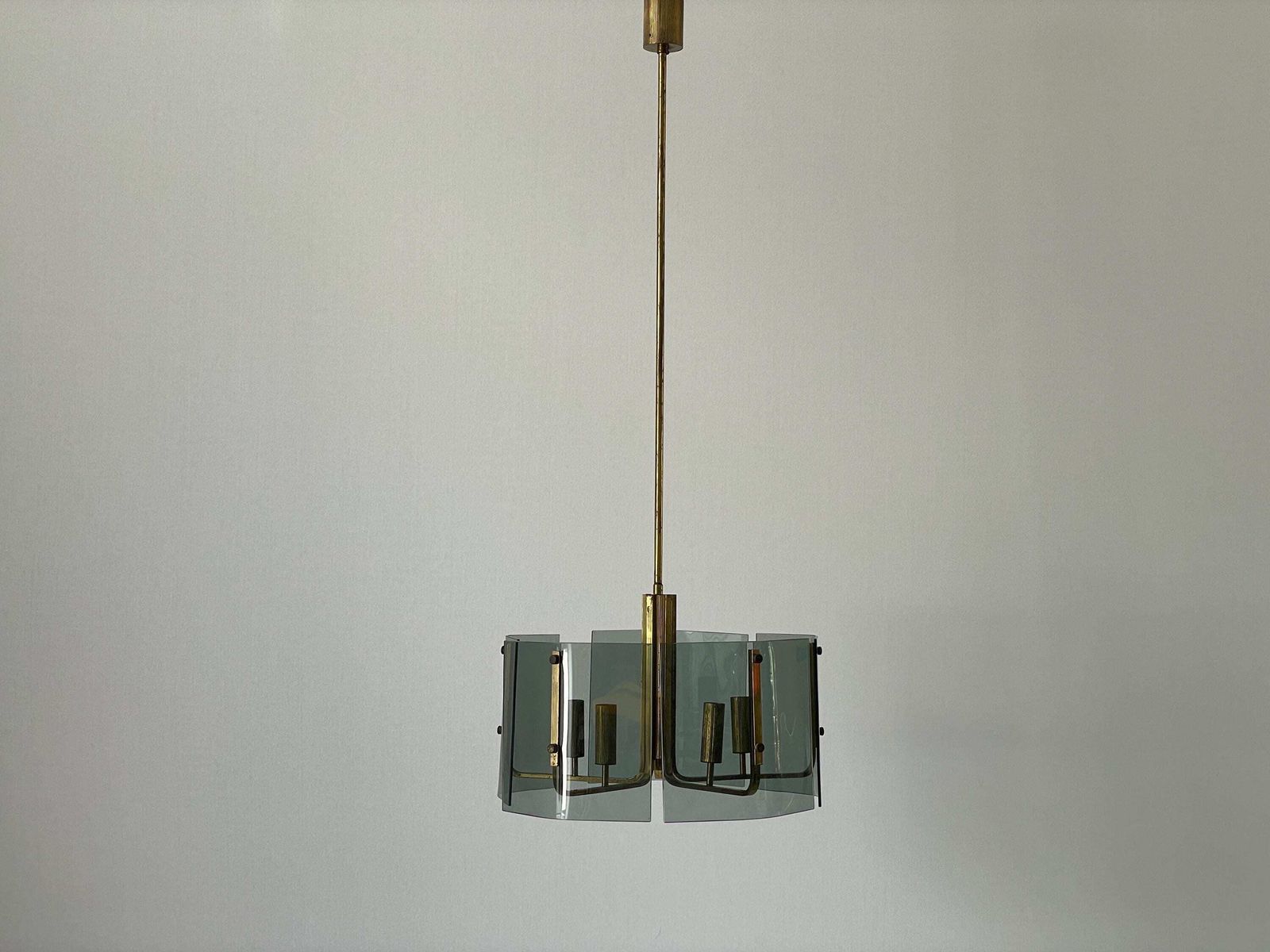 5 Socket Gray Glass & Brass Body Chandelier, 1960s, Italy photo for sale