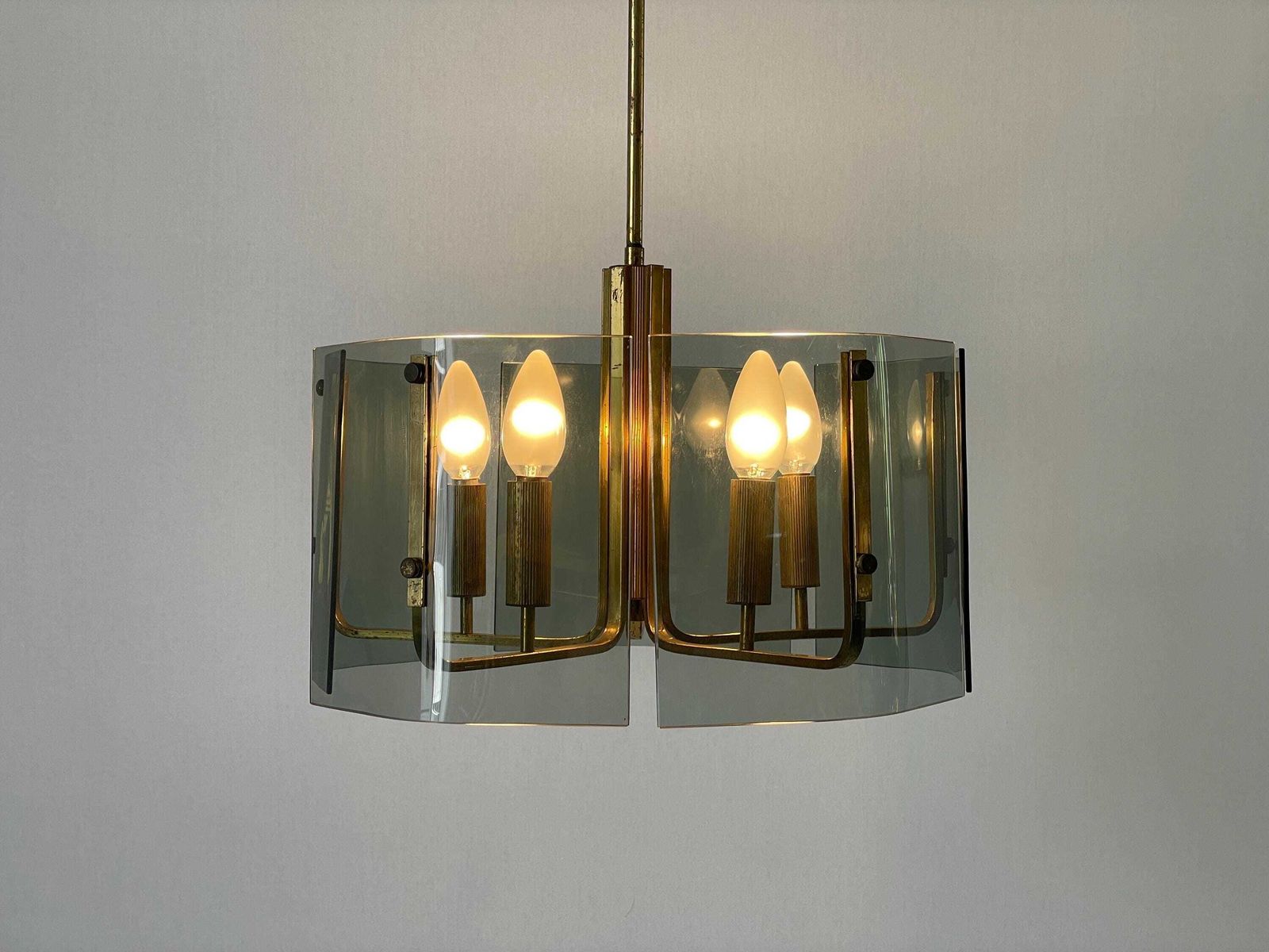5 Socket Gray Glass & Brass Body Chandelier, 1960s, Italy photo Lighting