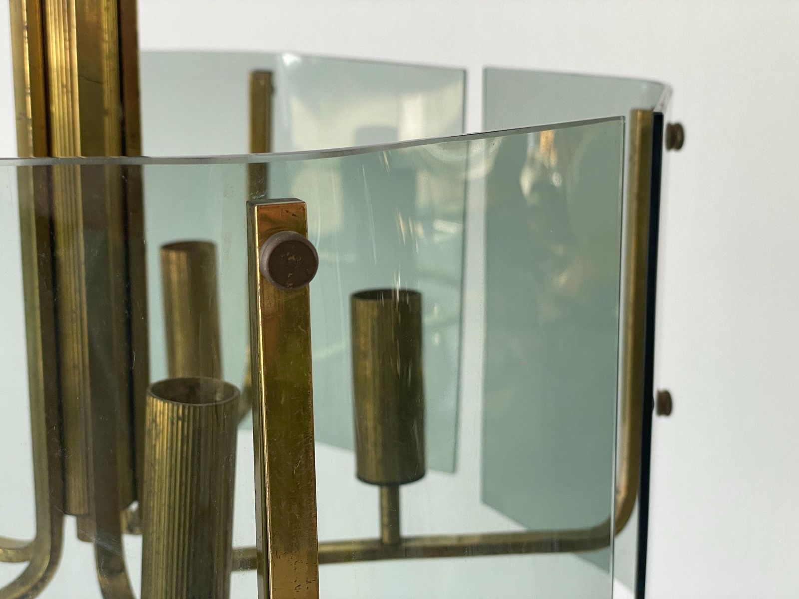 5 Socket Gray Glass & Brass Body Chandelier, 1960s, Italy photo 2018.0