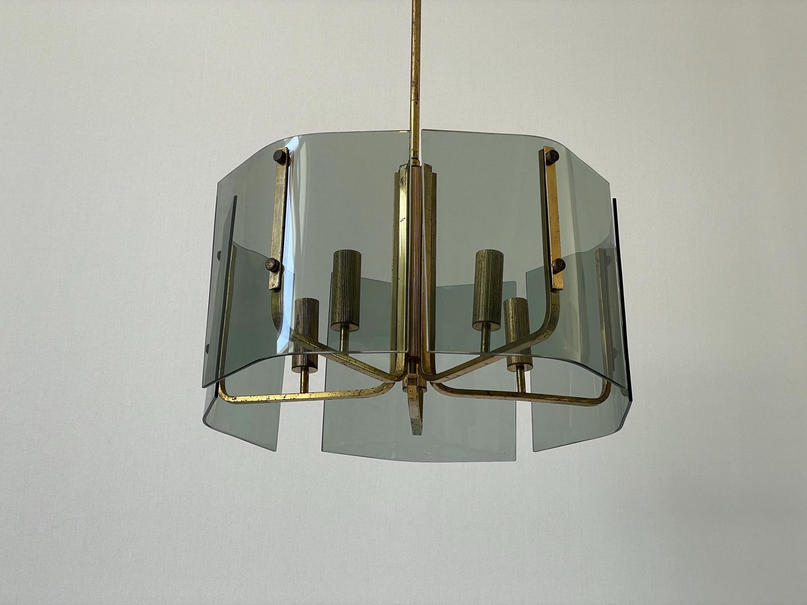 5 Socket Gray Glass & Brass Body Chandelier, 1960s, Italy photo vintage