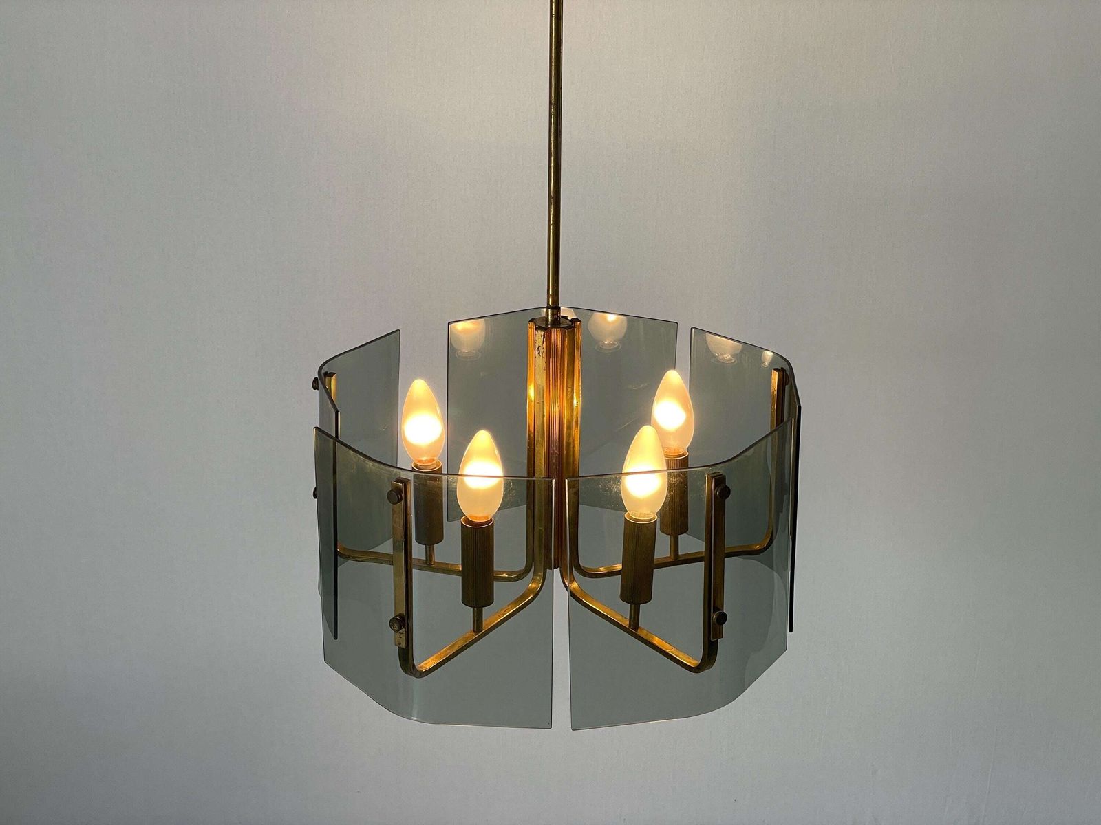photo for sale 5 Socket Gray Glass & Brass Body Chandelier, 1960s, Italy