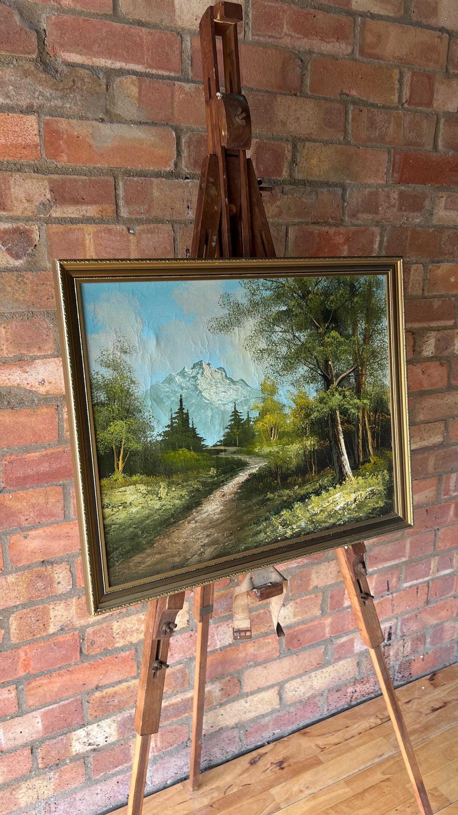 Late 20th Century Framed Oil Painting — Serene Mountain Forest Path Landscape