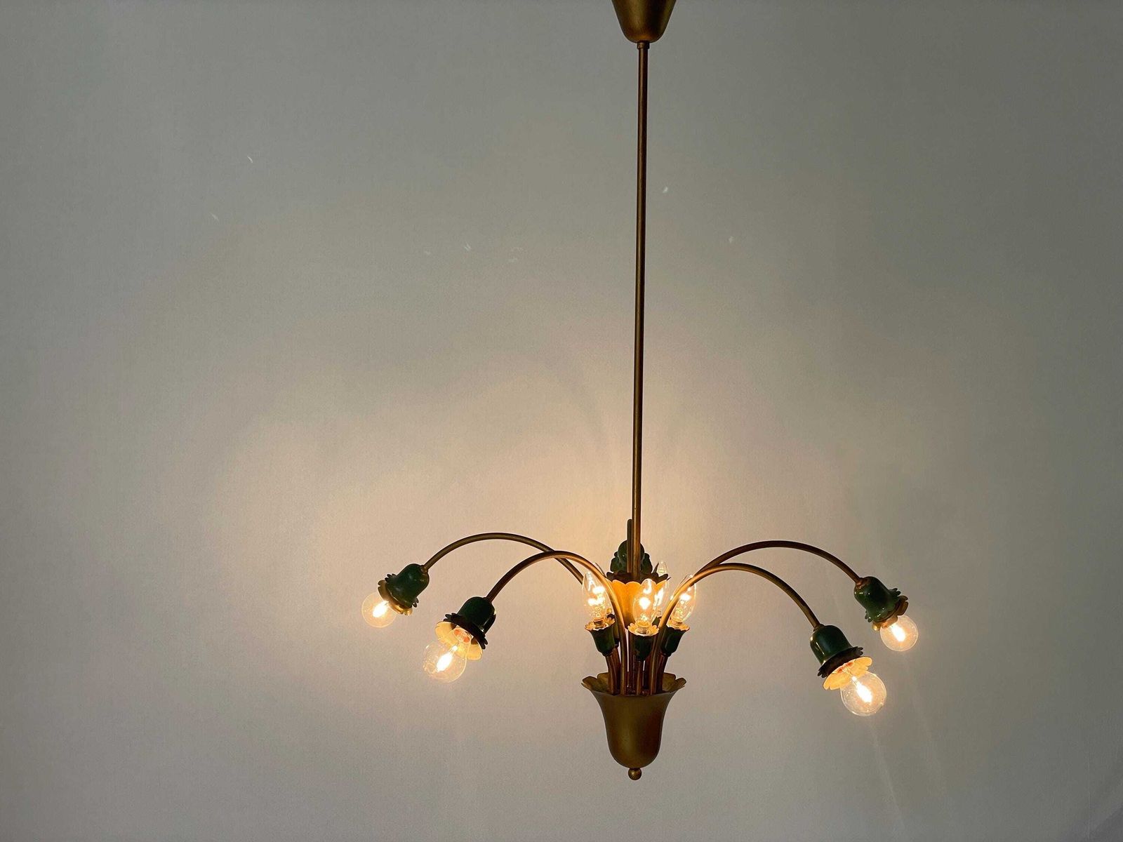 Mid Century Modern 5 Head Green Metal And Brass Chandelier, 1950s, Italy photo for sale
