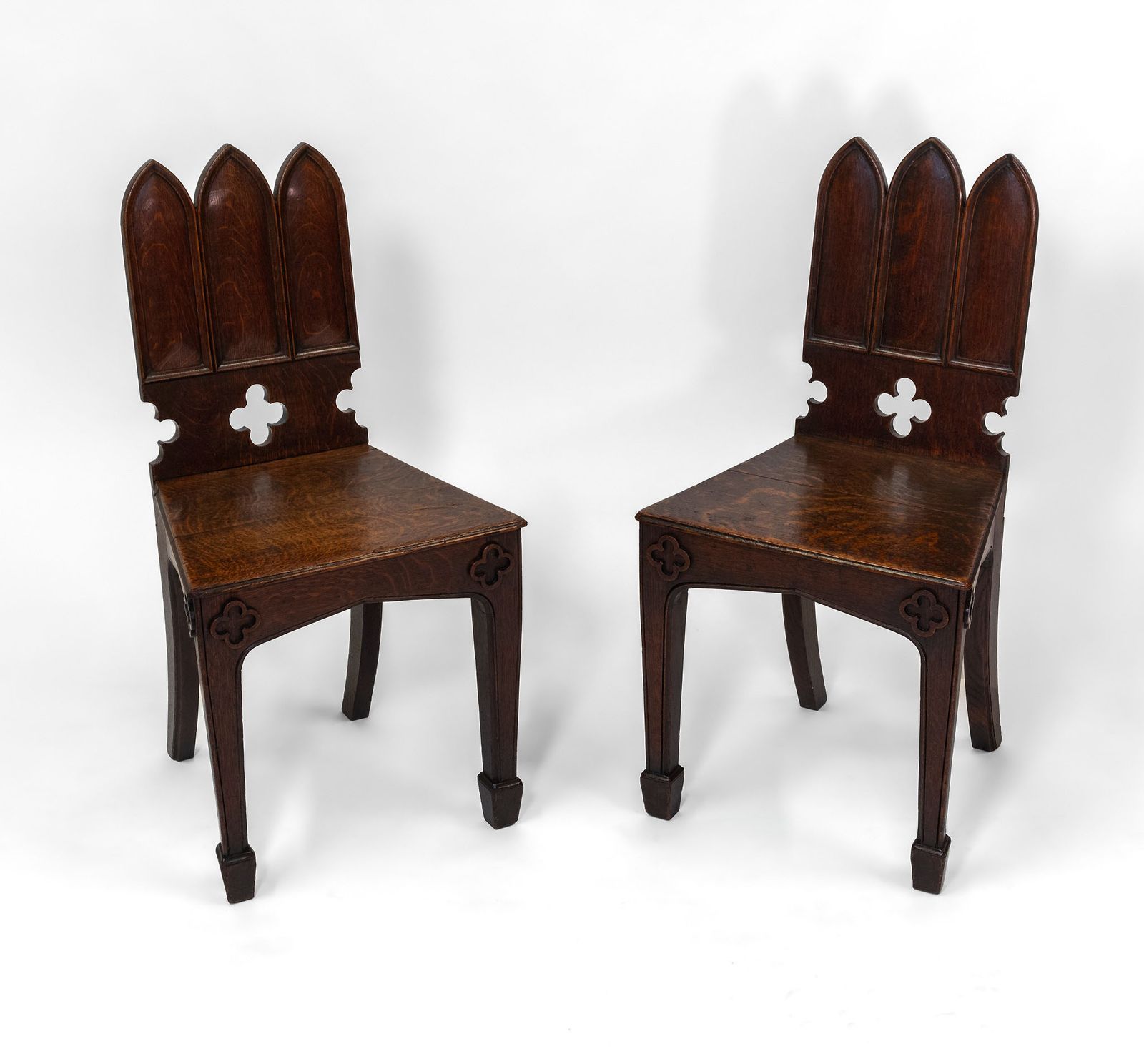 Pair Of Regency Gothic Revival English Oak Hall Chairs Circa 1825 photo Furniture