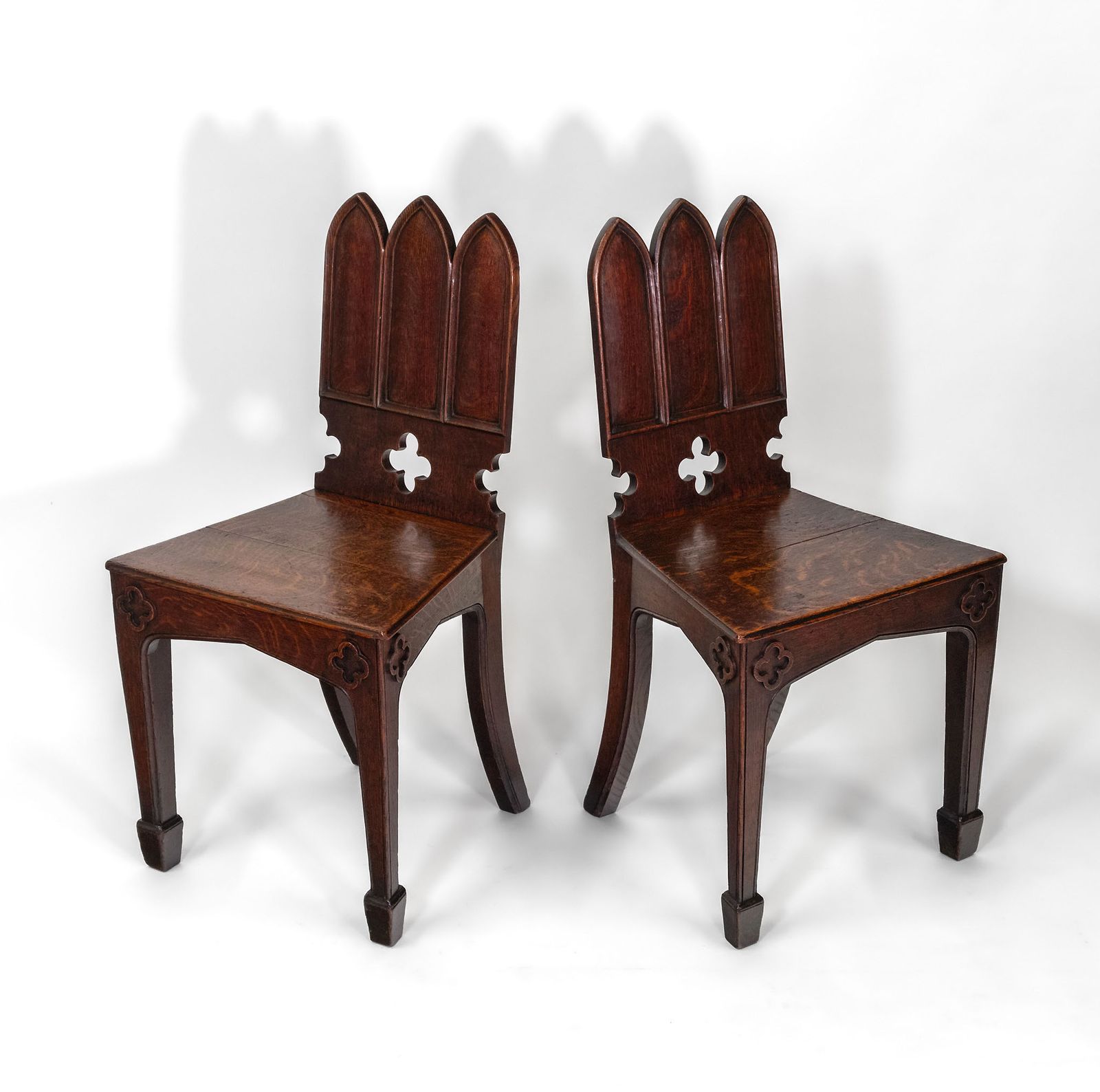 Pair Of Regency Gothic Revival English Oak Hall Chairs Circa 1825 photo furniture