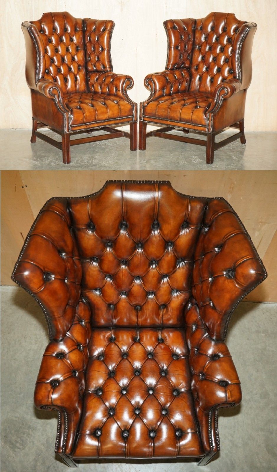 Pair Of Restored Georgian H Framed Chesterfield All Tufted Wingback Armchairs
