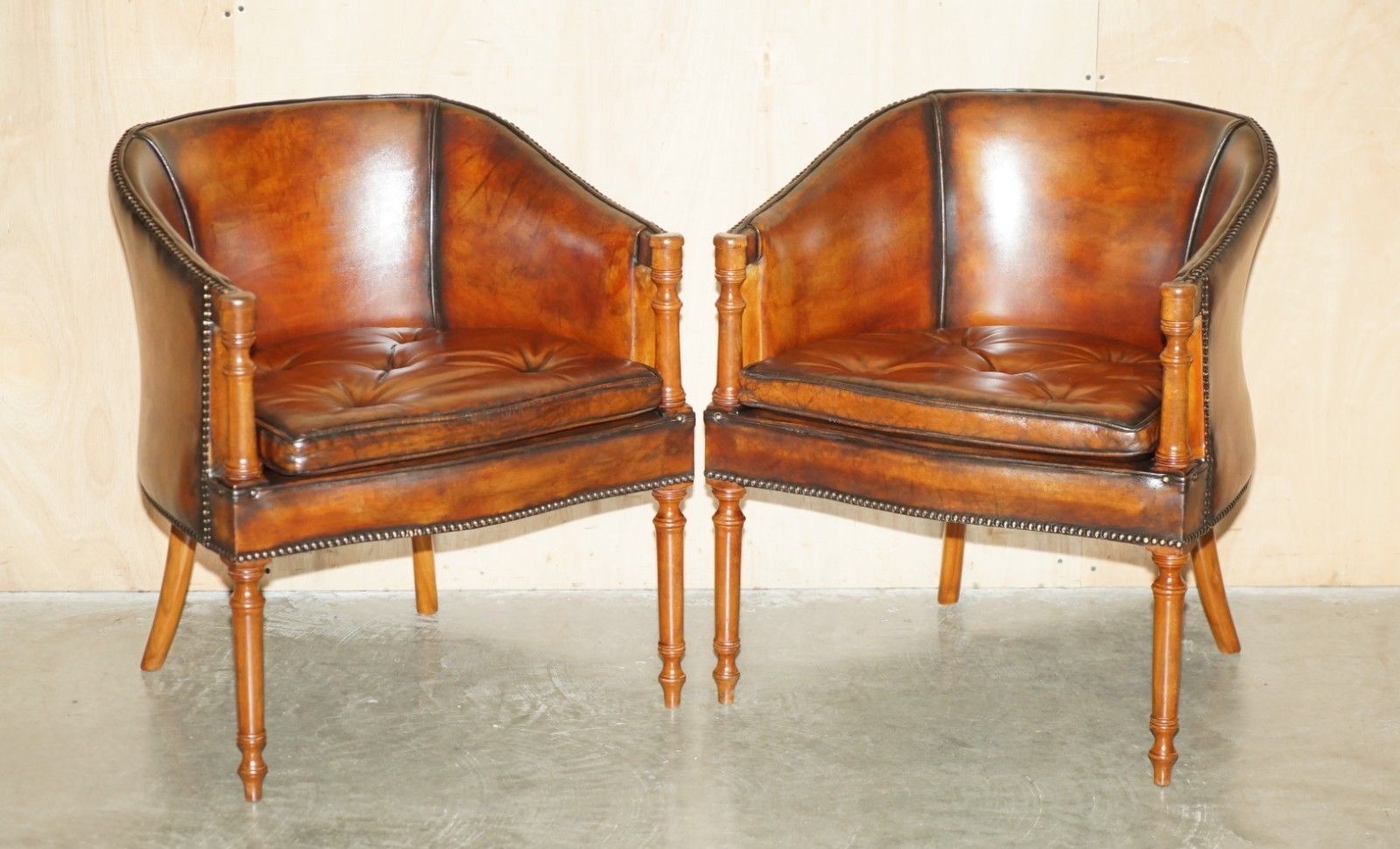 Pair Of Hand Dyed Brown Leather Davenport Barrel Back Chesterfield Armchairs photo furniture