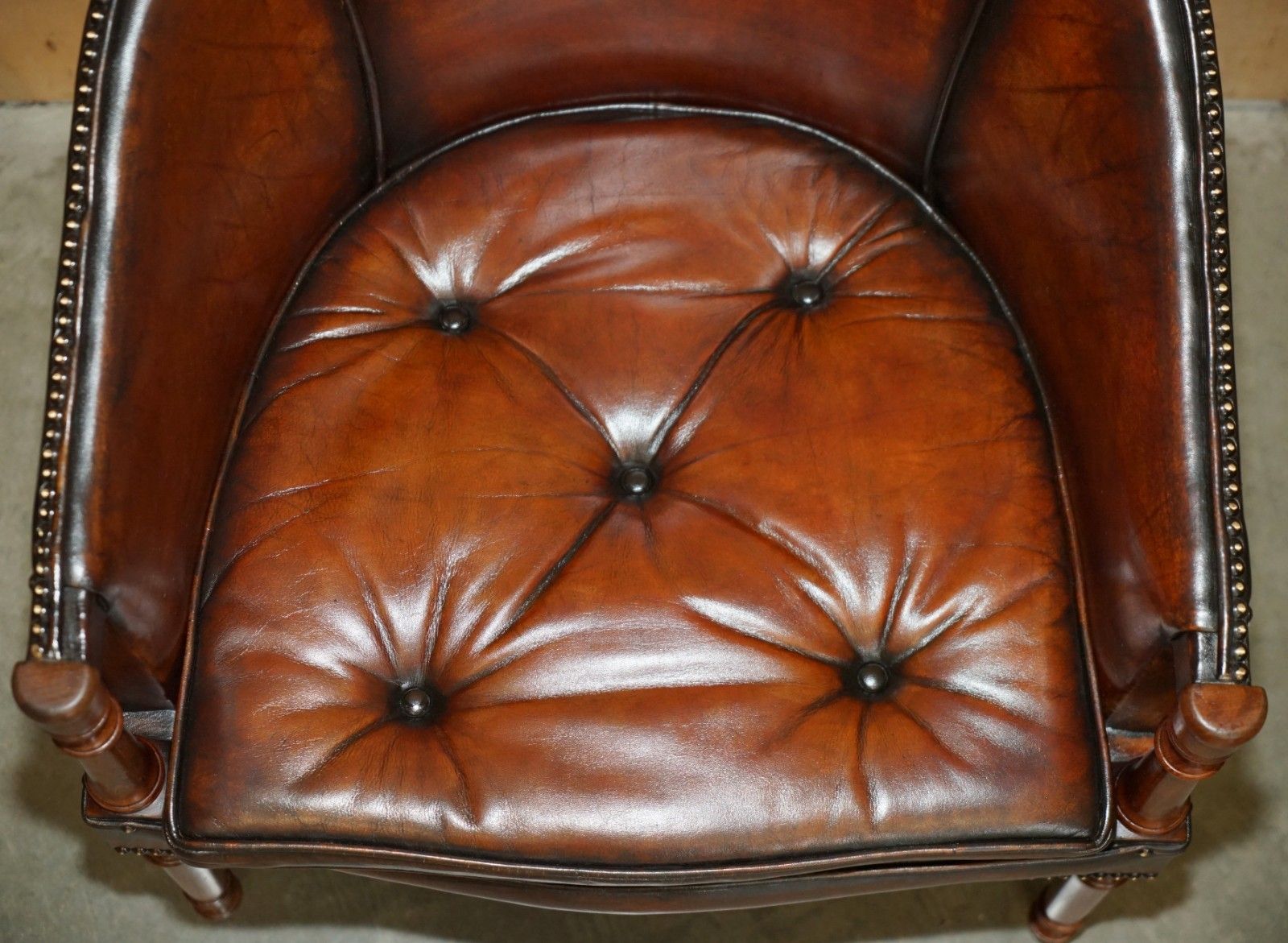 Pair Of Hand Dyed Brown Leather Davenport Barrel Back Chesterfield Armchairs photo vinterior