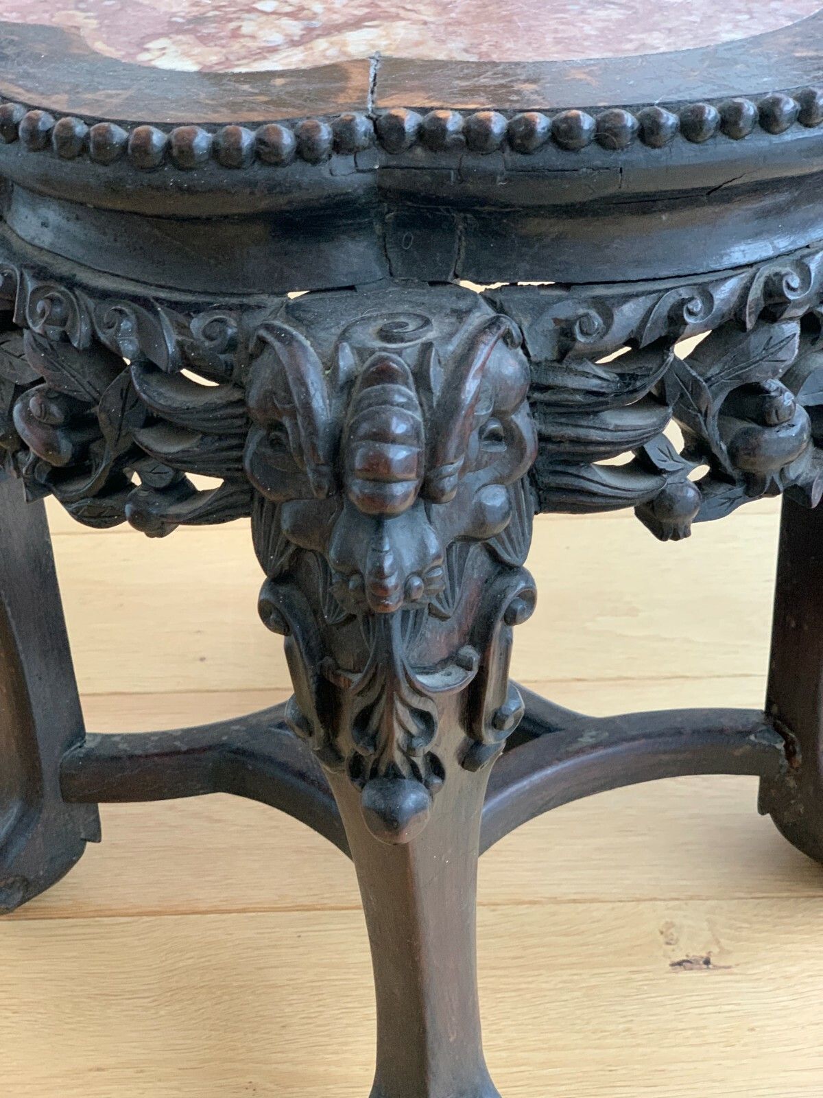 19th Century Oriental Hand Carved Teak Table With Marble Top photo vintage