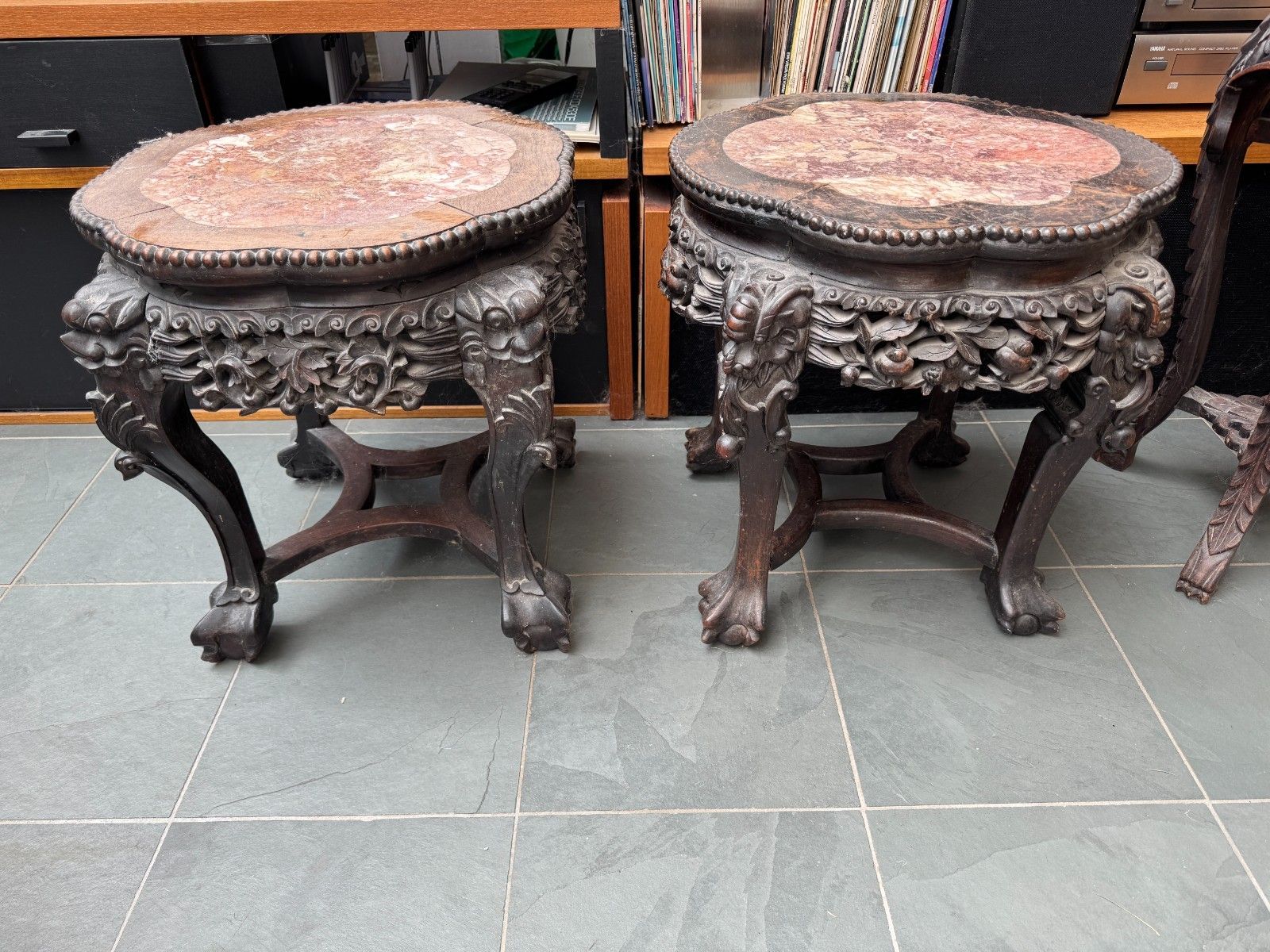 200.0 19th Century Oriental Hand Carved Teak Table With Marble Top photo