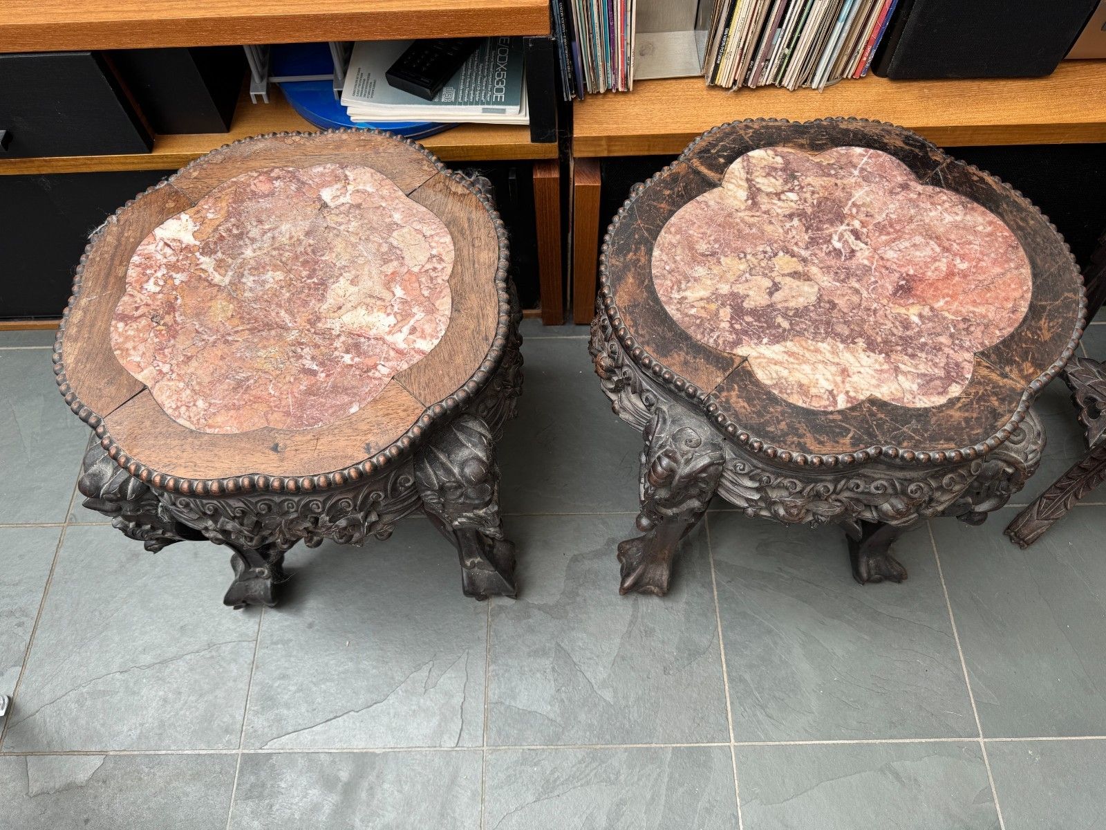photo vinterior 19th Century Oriental Hand Carved Teak Table With Marble Top