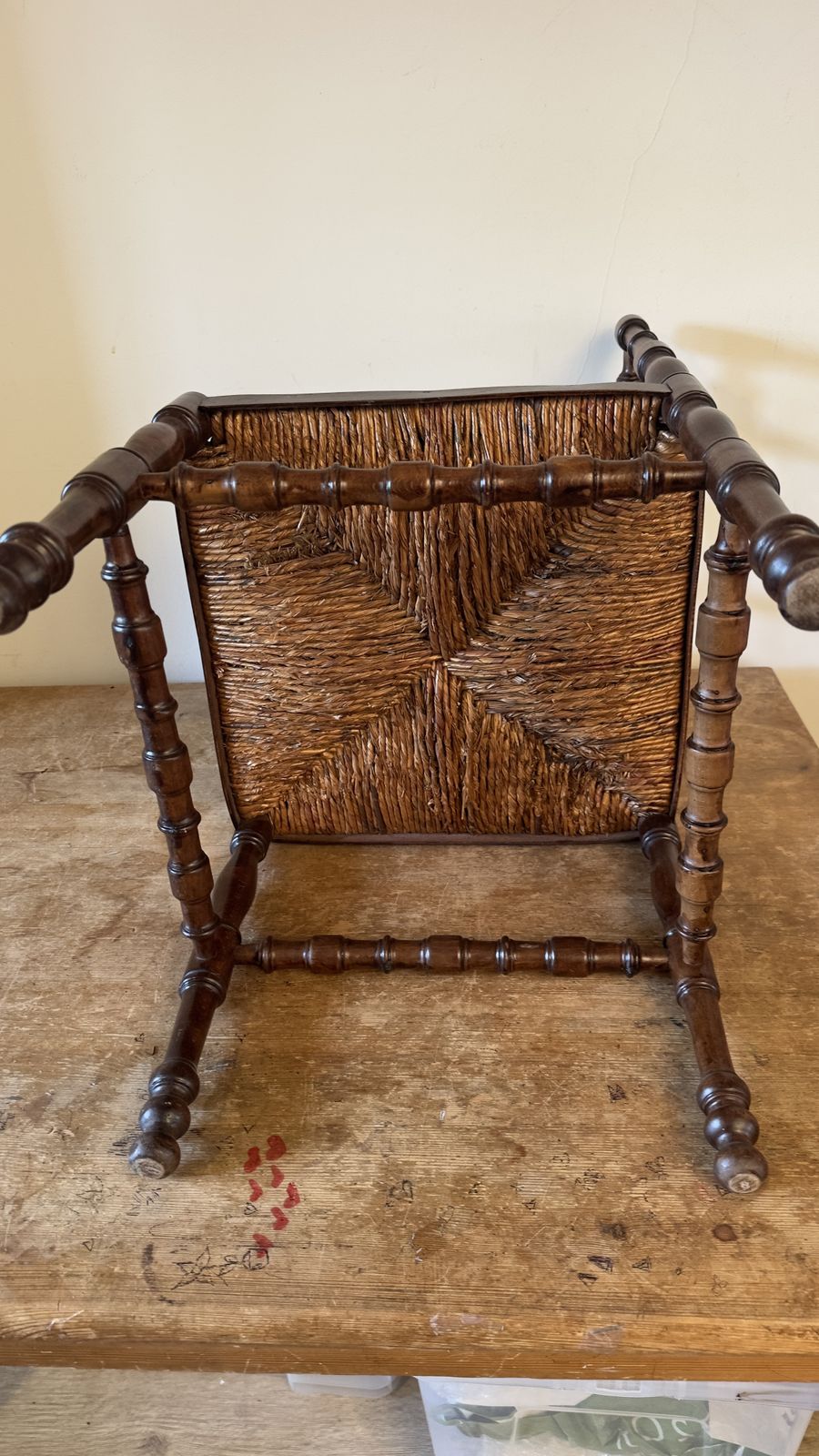 Vintage French Bobbin Corner Chair With A Woven Raffia Seat. photo Furniture