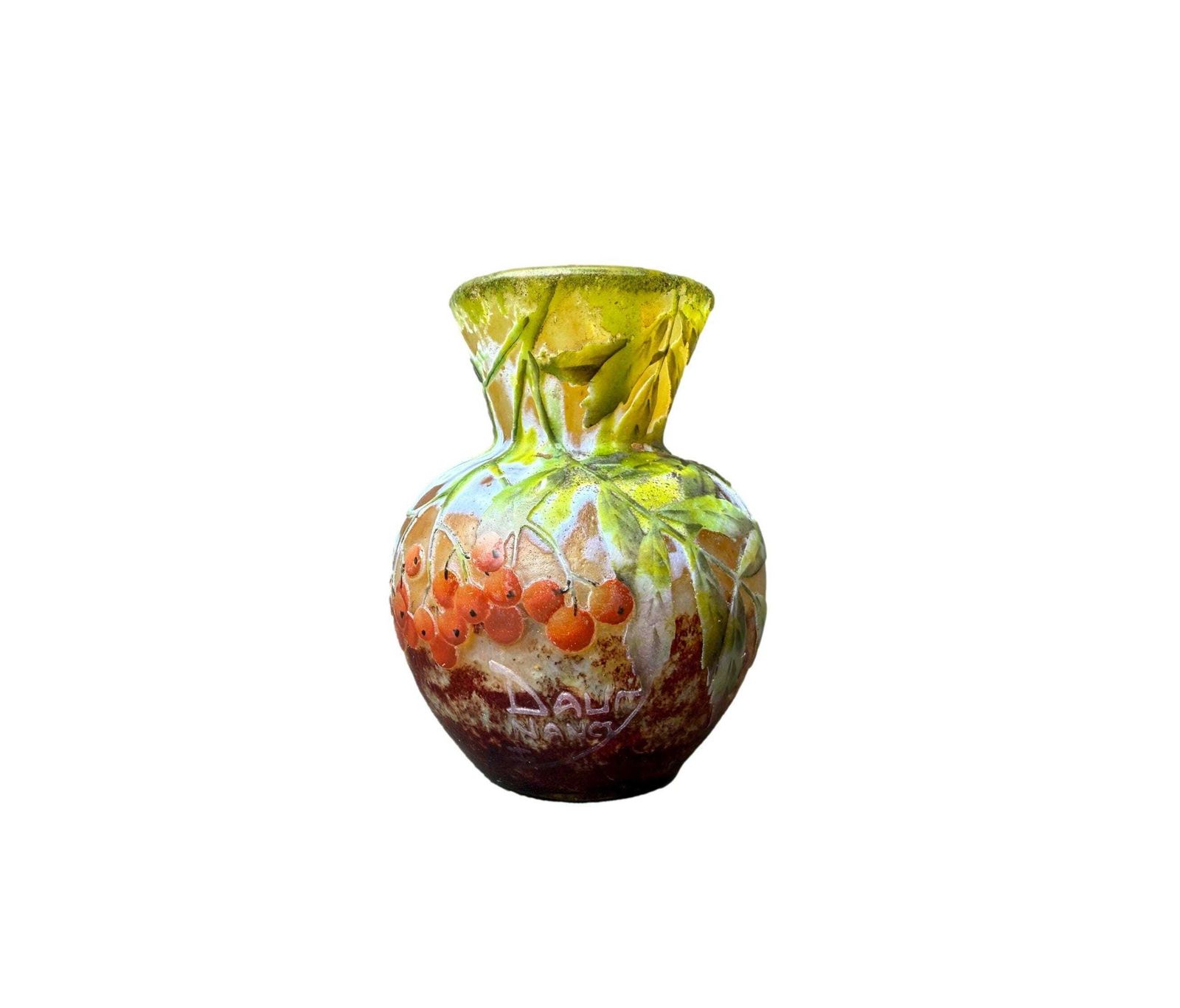 Daum Nancy Art Nouveau Vase, Bird Sorb Acid Decor Cameo Glass