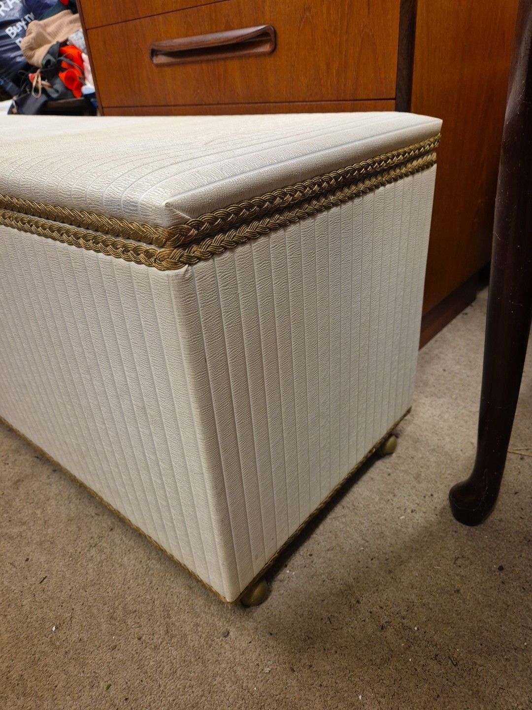 Mid Century, 1970's White Vinyl /Gold Accents Ottoman, Storage Chest, On Castors photo furniture