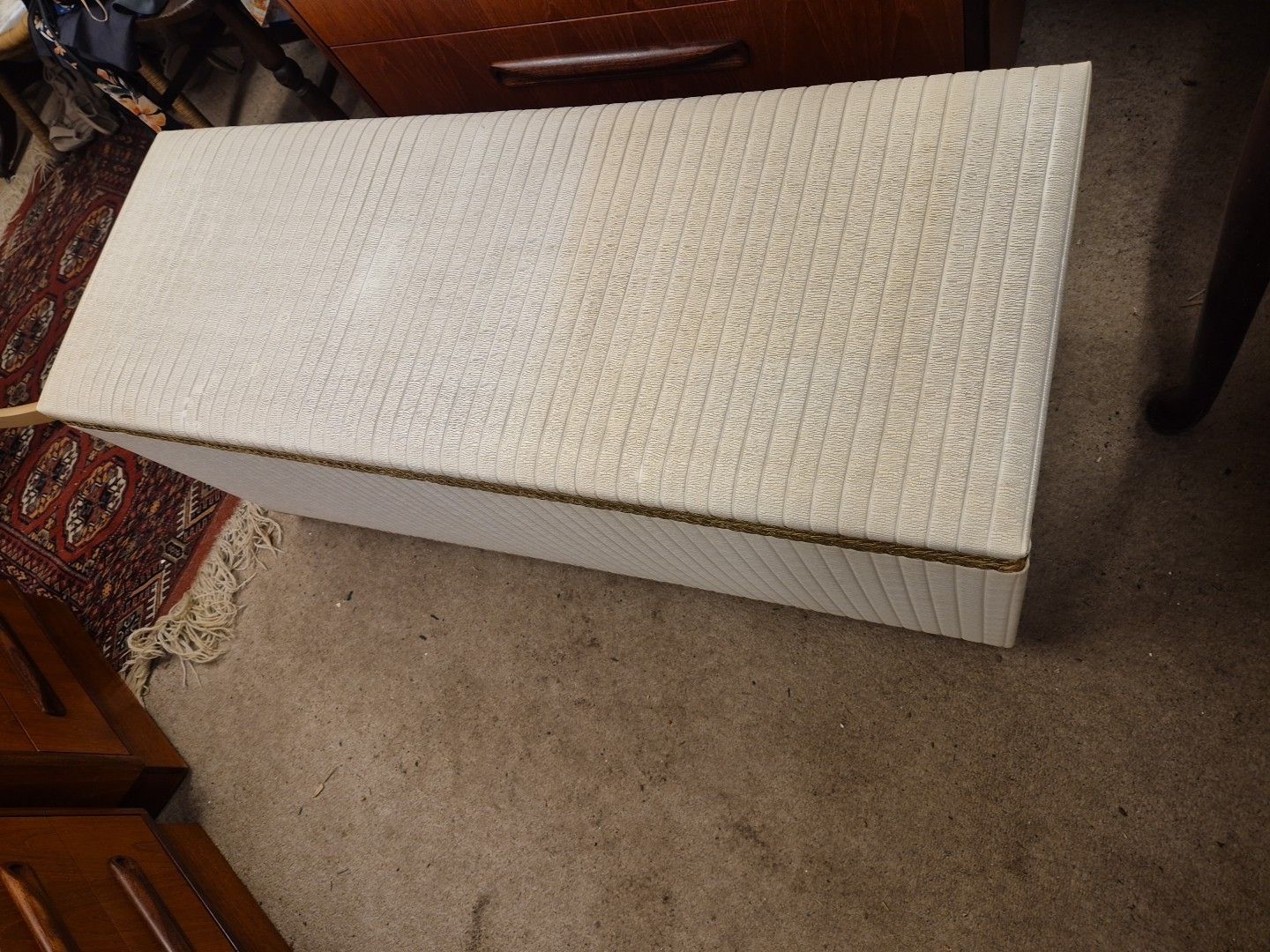 Mid Century, 1970's White Vinyl /Gold Accents Ottoman, Storage Chest, On Castors photo Furniture