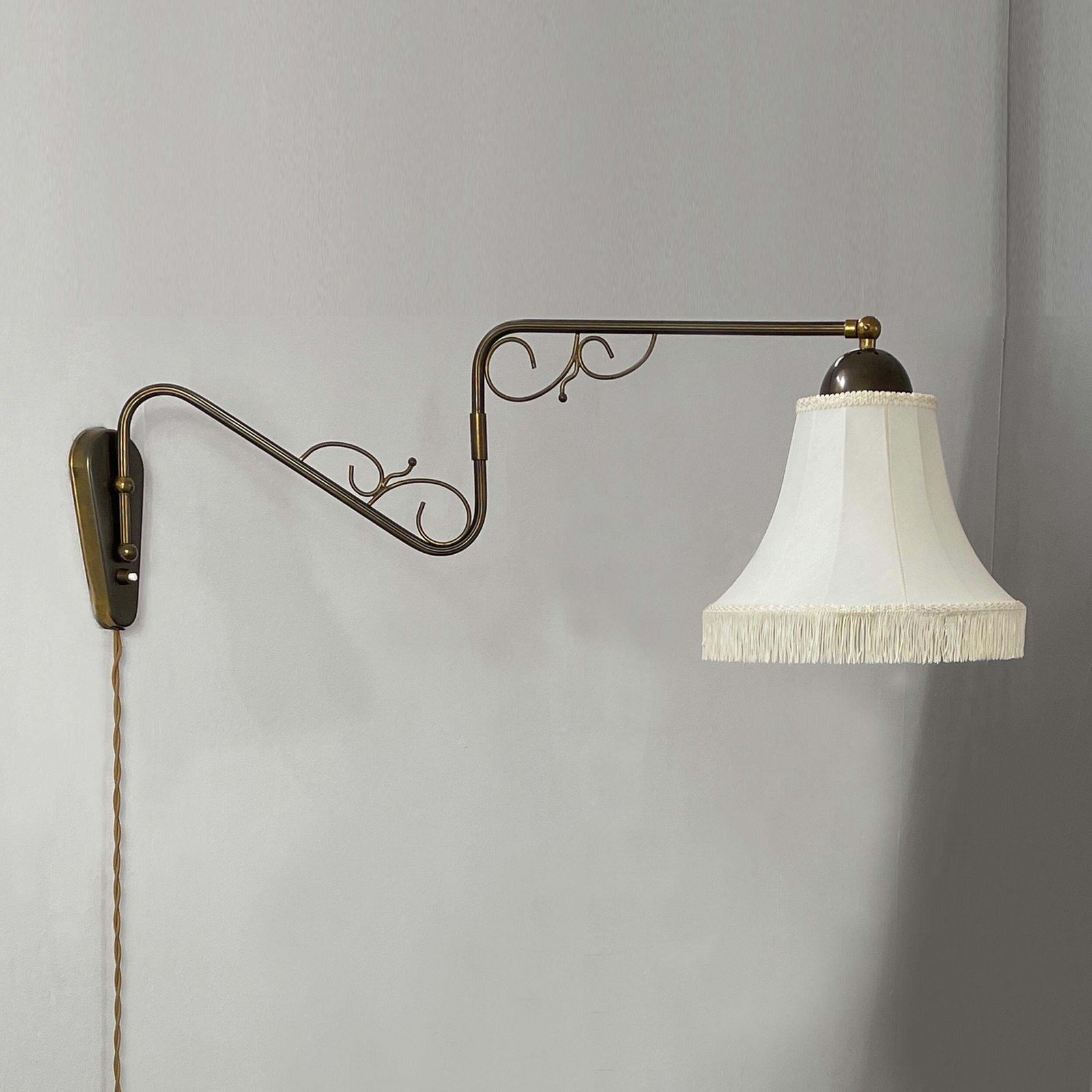 Brass And Fabric Wall Lamp With Joint, Sweden 1940s photo vintage