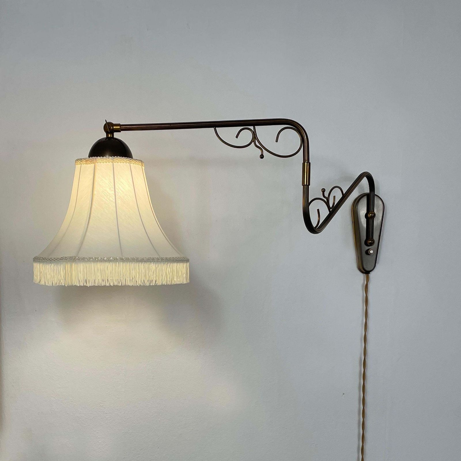photo for sale Brass And Fabric Wall Lamp With Joint, Sweden 1940s