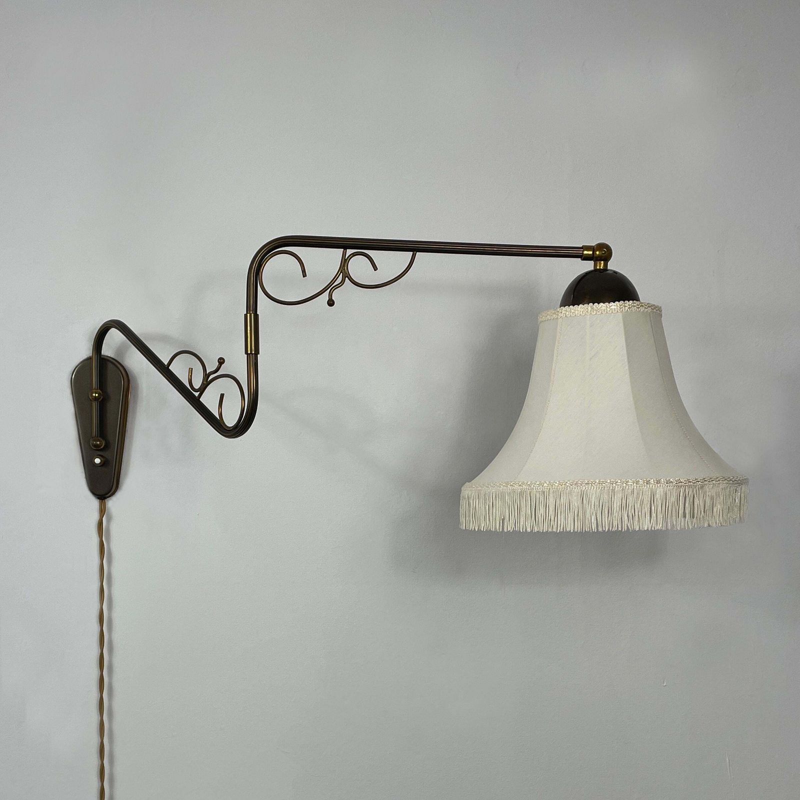 Lighting Brass And Fabric Wall Lamp With Joint, Sweden 1940s photo
