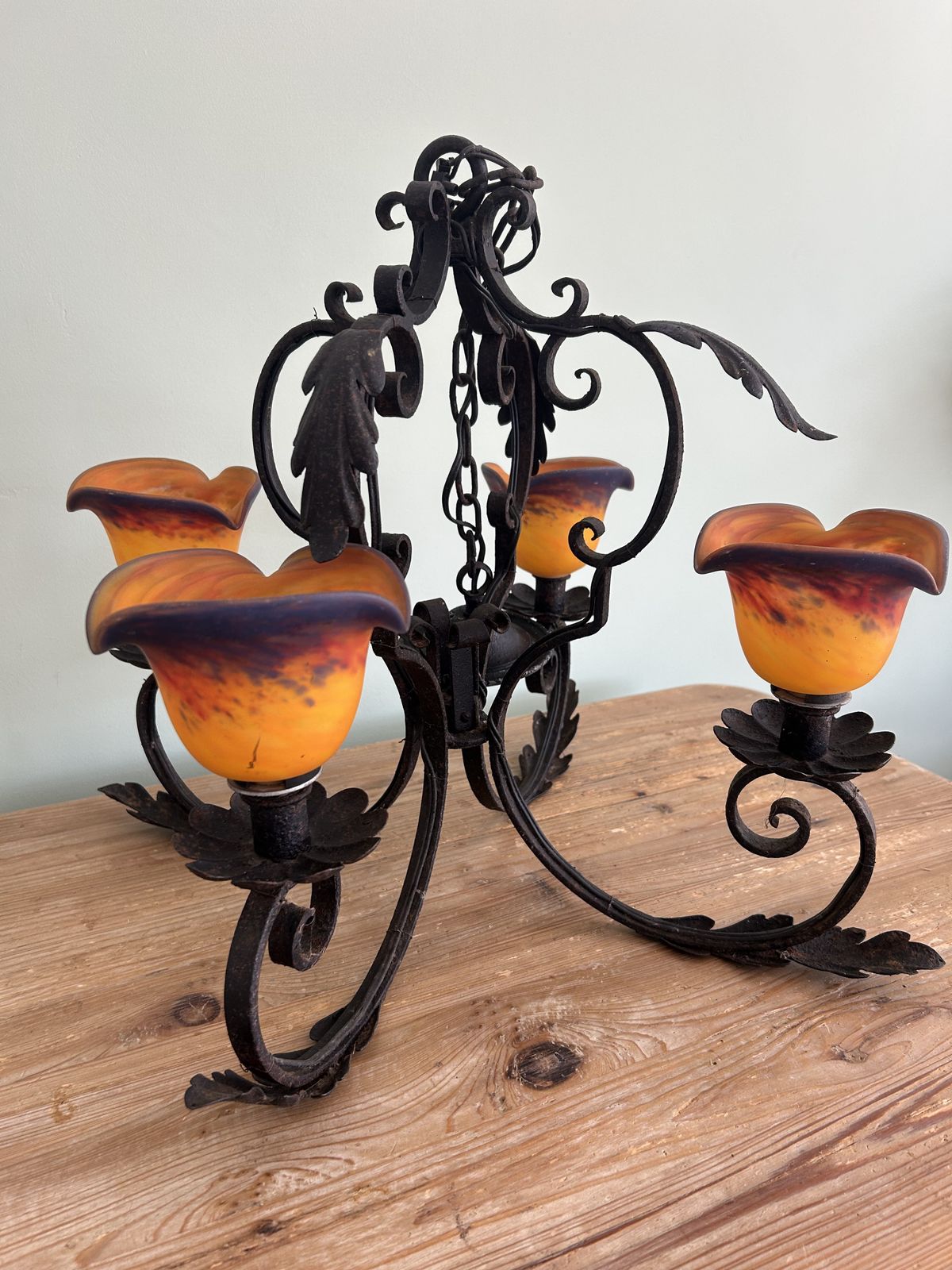 French Art Nouveau Revival Chandelier With 4 Signed Patrick Crespin Pâte De Verre Shades